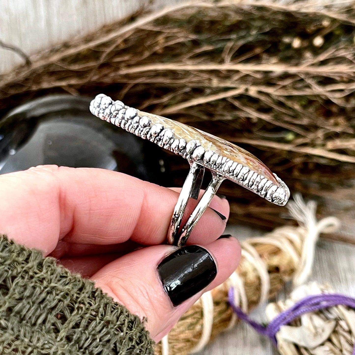 Big Bold Jewelry, Big Crystal Ring, Big Silver Ring, Big Stone Ring, Etsy ID: 1400297634, Fossilized Palm Root, FOXLARK- RINGS, Jewelry, Large Boho Ring, Large Crystal Ring, Large Stone Ring, Natural stone ring, Rings, silver crystal ring, Silver Stone Je