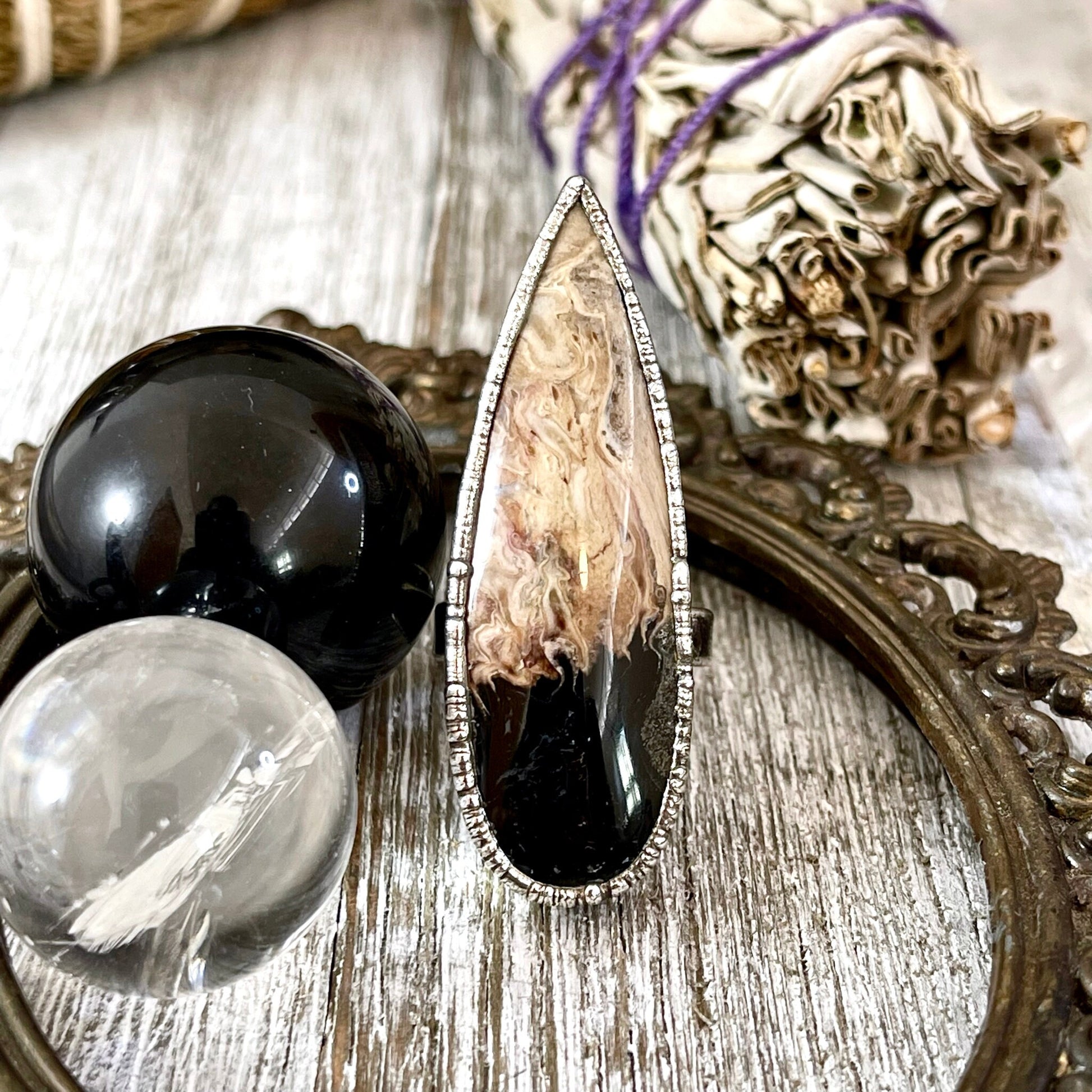Unique Size 7 Large Fossilized Palm Root Statement Ring in Fine Silver / Foxlark Collection - One of a Kind.