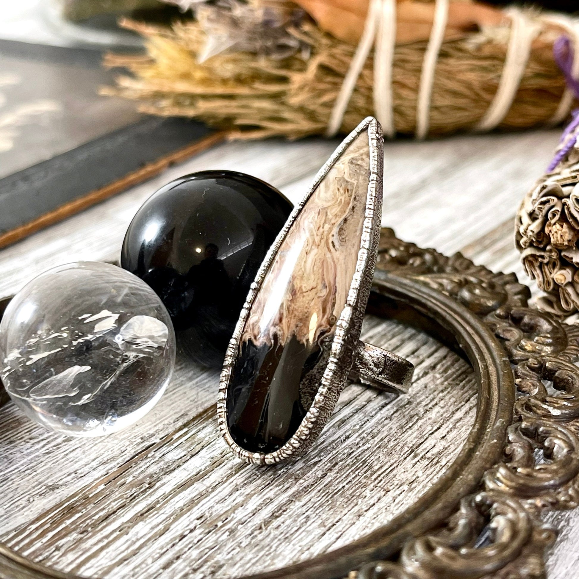 Unique Size 7 Large Fossilized Palm Root Statement Ring in Fine Silver / Foxlark Collection - One of a Kind.