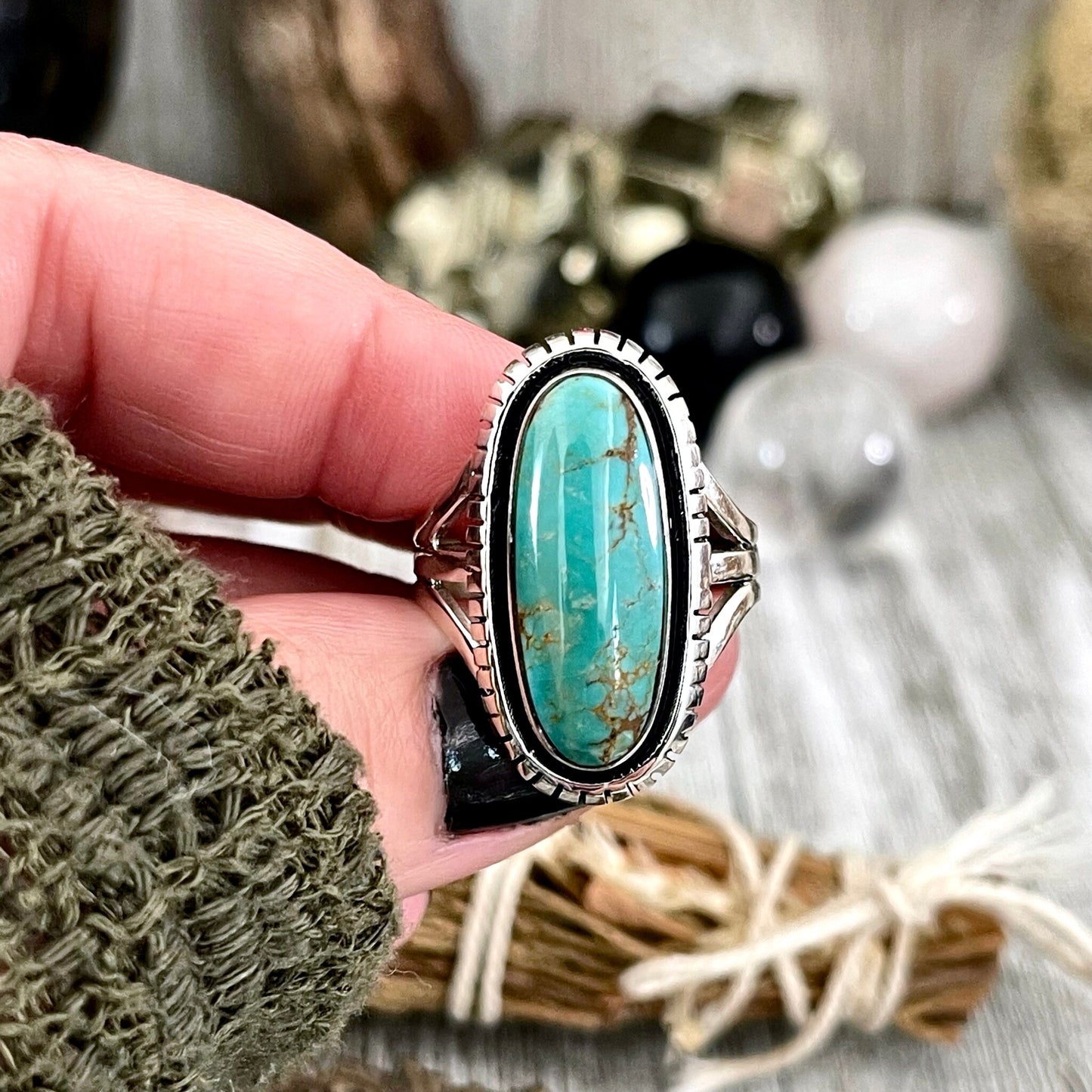 Size 9.5 Kingman Turquoise Statement Ring Set in Thick Sterling Silver / Curated by FOXLARK Collection - Foxlark Crystal Jewelry