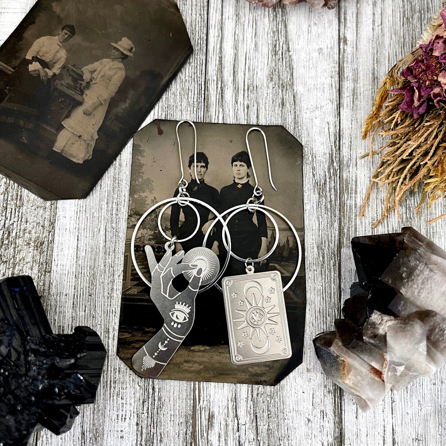 Unique Mismatch Tarot Reader Earrings Sterling Silver & Stainless Steel Earrings/ Evil Eye Moon Earrings - Long Dangly Geometric Earrings