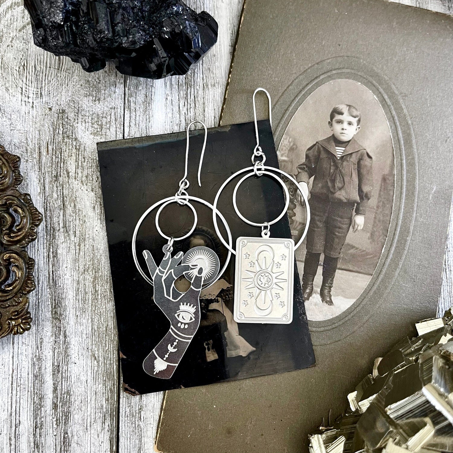 Unique Mismatch Tarot Reader Earrings Sterling Silver & Stainless Steel Earrings/ Evil Eye Moon Earrings - Long Dangly Geometric Earrings