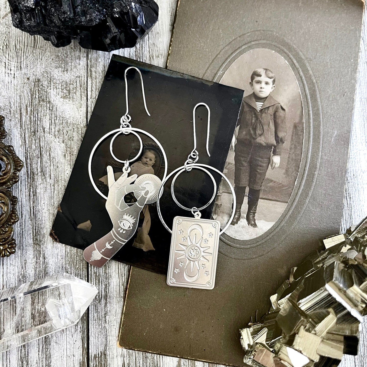 Unique Mismatch Tarot Reader Earrings Sterling Silver & Stainless Steel Earrings/ Evil Eye Moon Earrings - Long Dangly Geometric Earrings