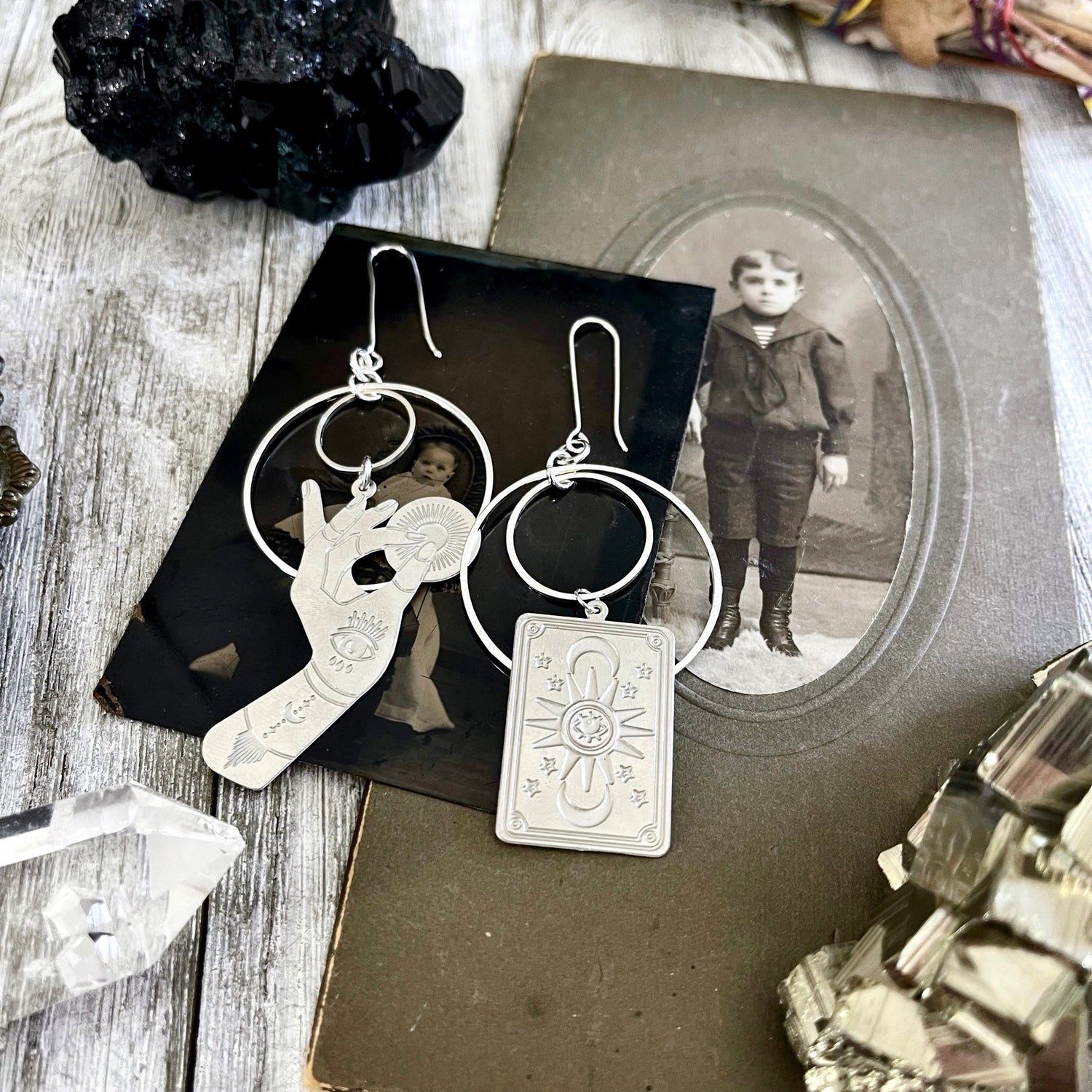 Unique Mismatch Tarot Reader Earrings Sterling Silver & Stainless Steel Earrings/ Evil Eye Moon Earrings - Long Dangly Geometric Earrings