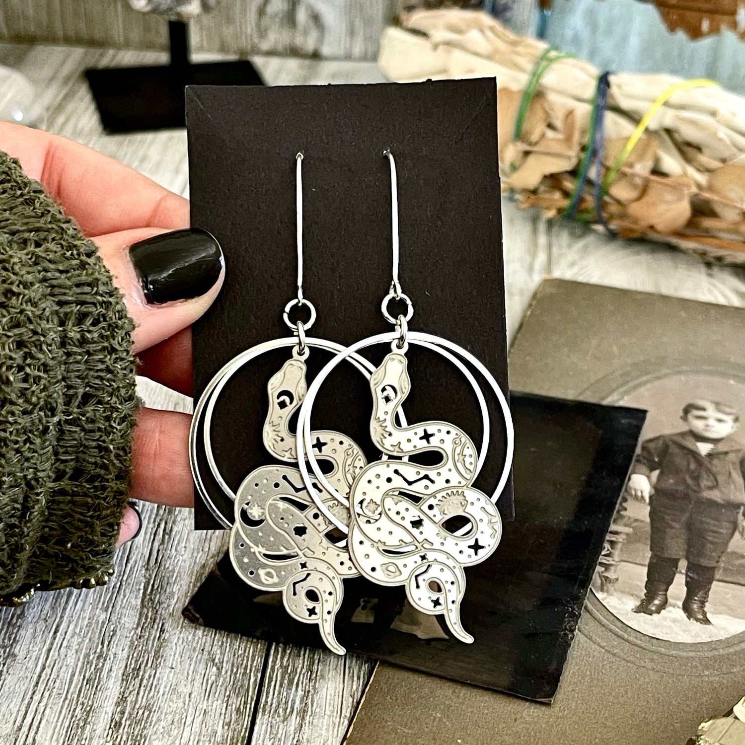 Snake Constellation Earrings Sterling Silver & Stainless Steel Earrings/ Evil Eye Moon Earrings - Long Dangly Geometric Earrings