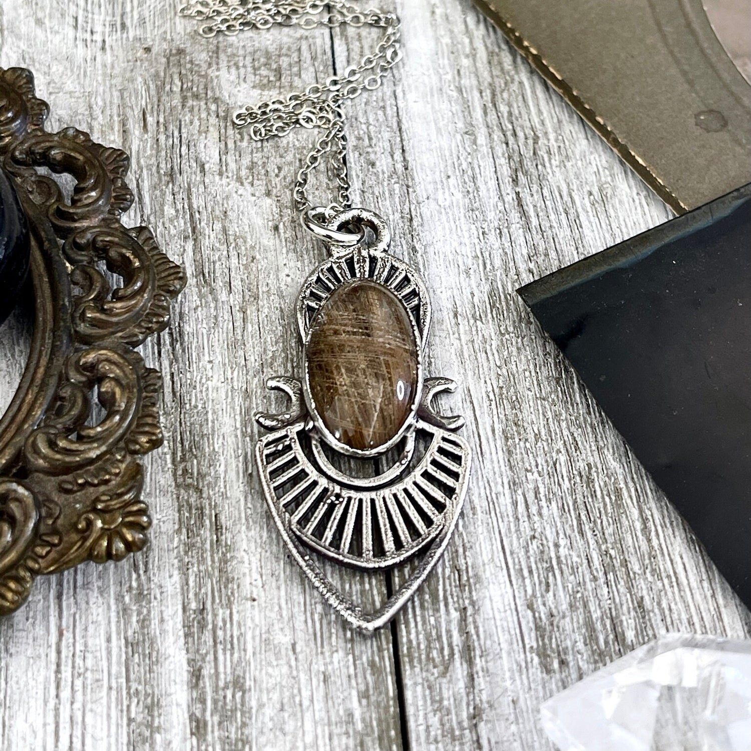 Moss & Moon Collection - Rutile Quartz Statement Necklace set in Fine Silver / One of a Kind - by Foxlark