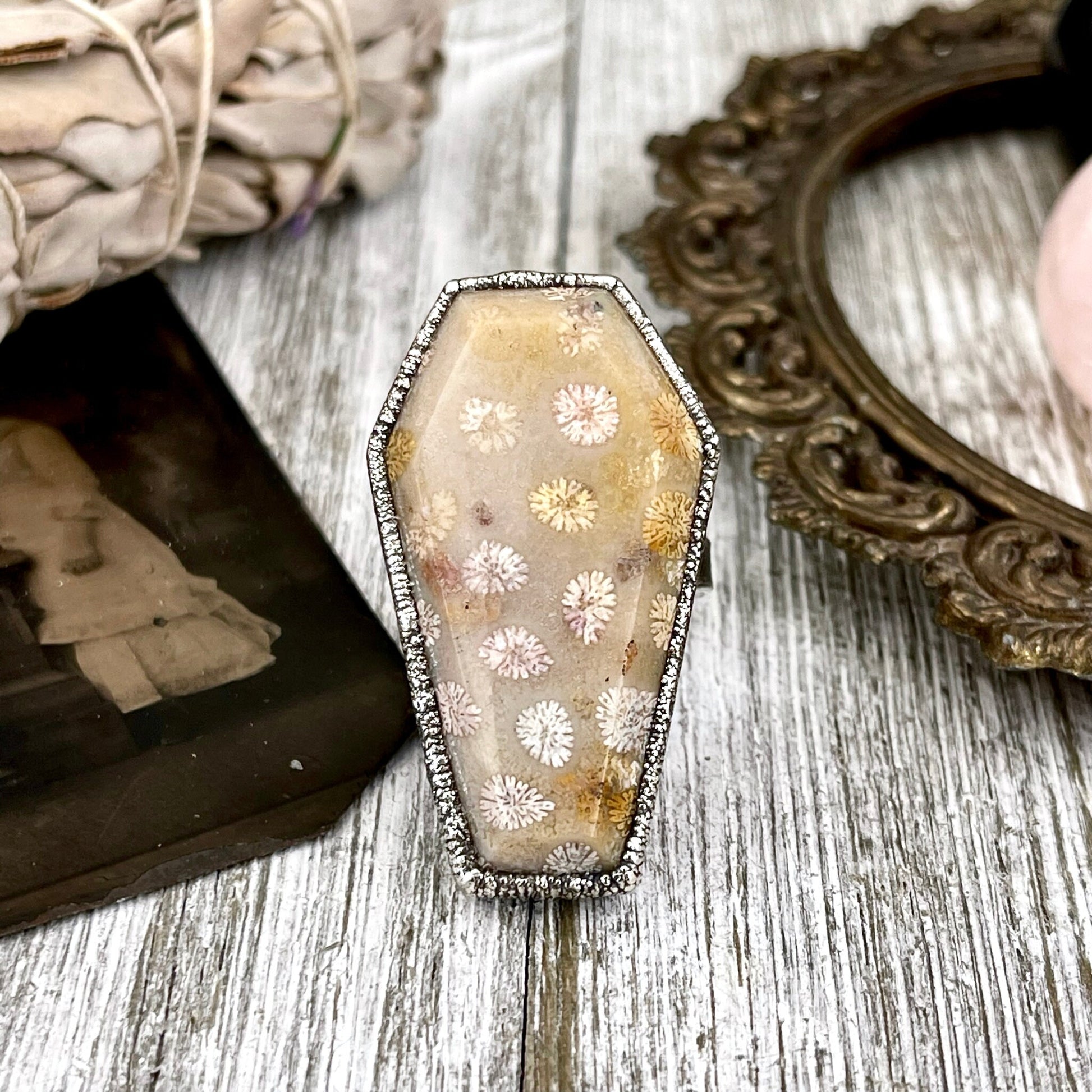 Size 9 Large Fossilized Coral Coffin Statement Ring in Fine Silver / Foxlark Collection - One of a Kind - Foxlark Crystal Jewelry