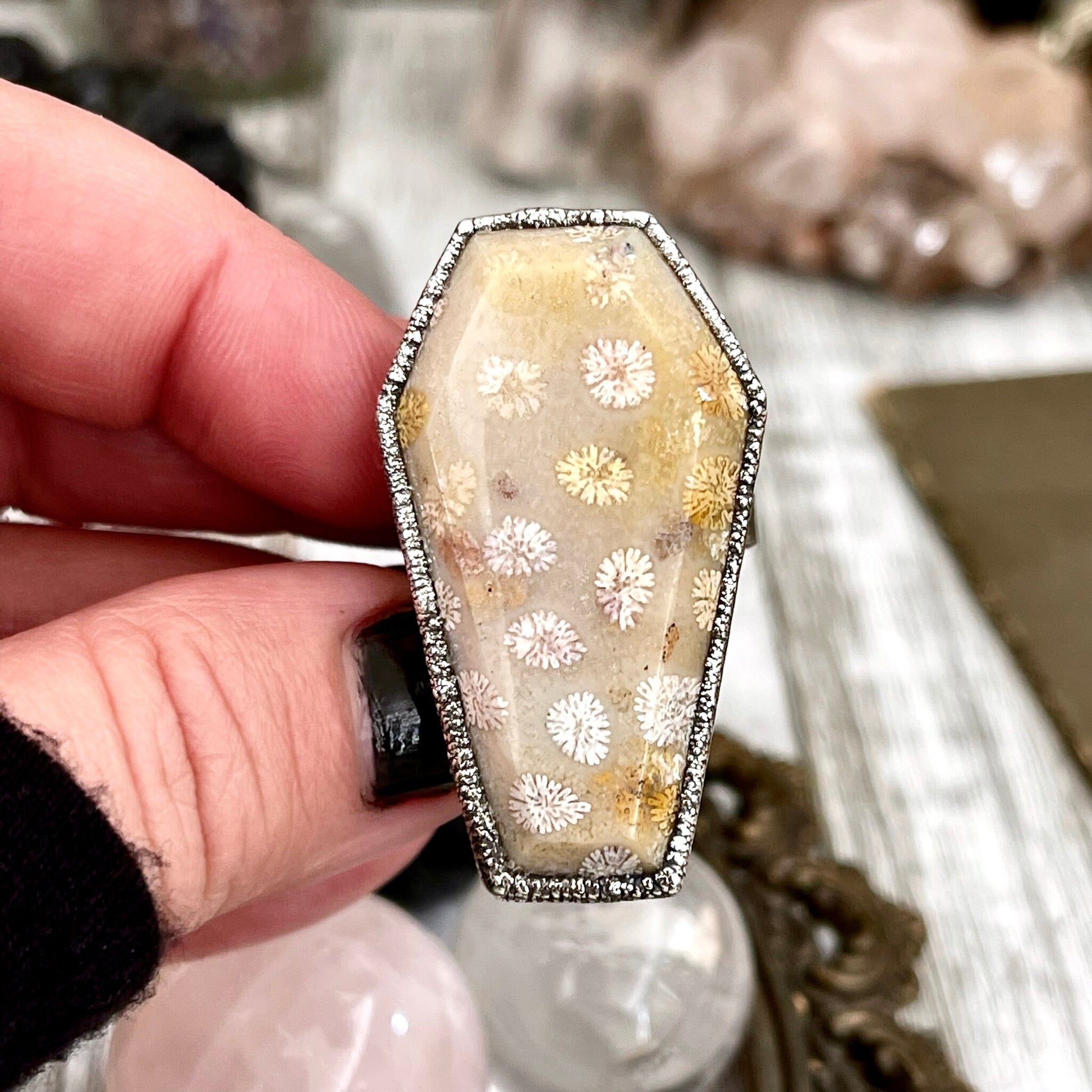 Size 9 Large Fossilized Coral Coffin Statement Ring in Fine Silver / Foxlark Collection - One of a Kind - Foxlark Crystal Jewelry