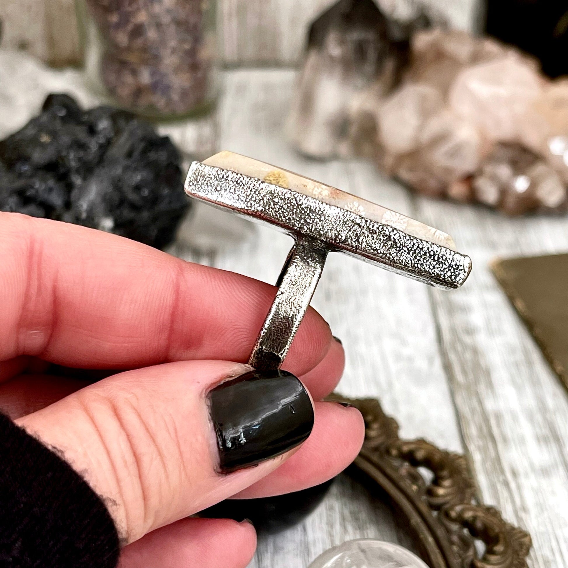 Size 9 Large Fossilized Coral Coffin Statement Ring in Fine Silver / Foxlark Collection - One of a Kind - Foxlark Crystal Jewelry