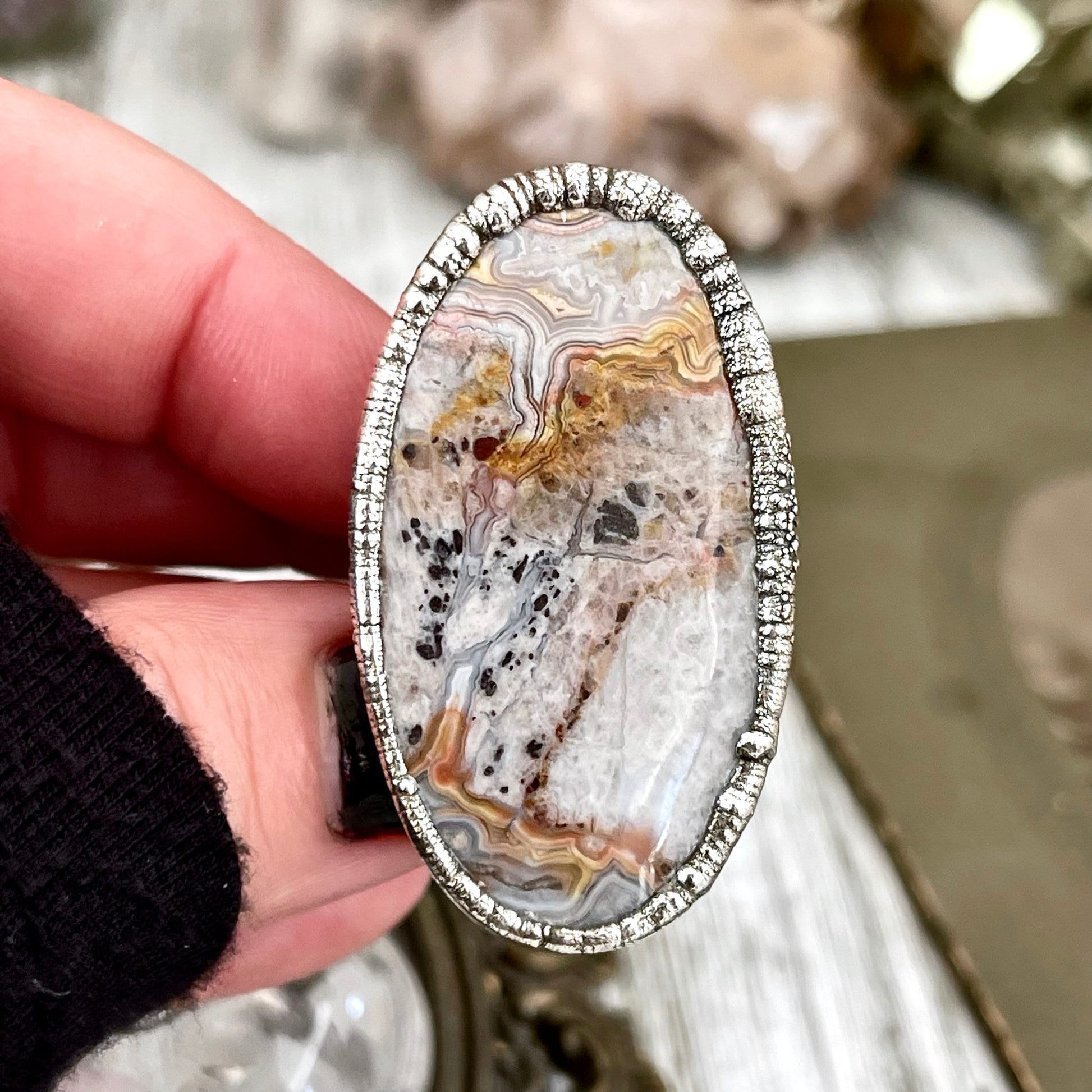 Size 7.5 Silver Natural Fancy Lace Agate Crystal Statement Ring / Foxlark Collection - One of a Kind - Foxlark Crystal Jewelry