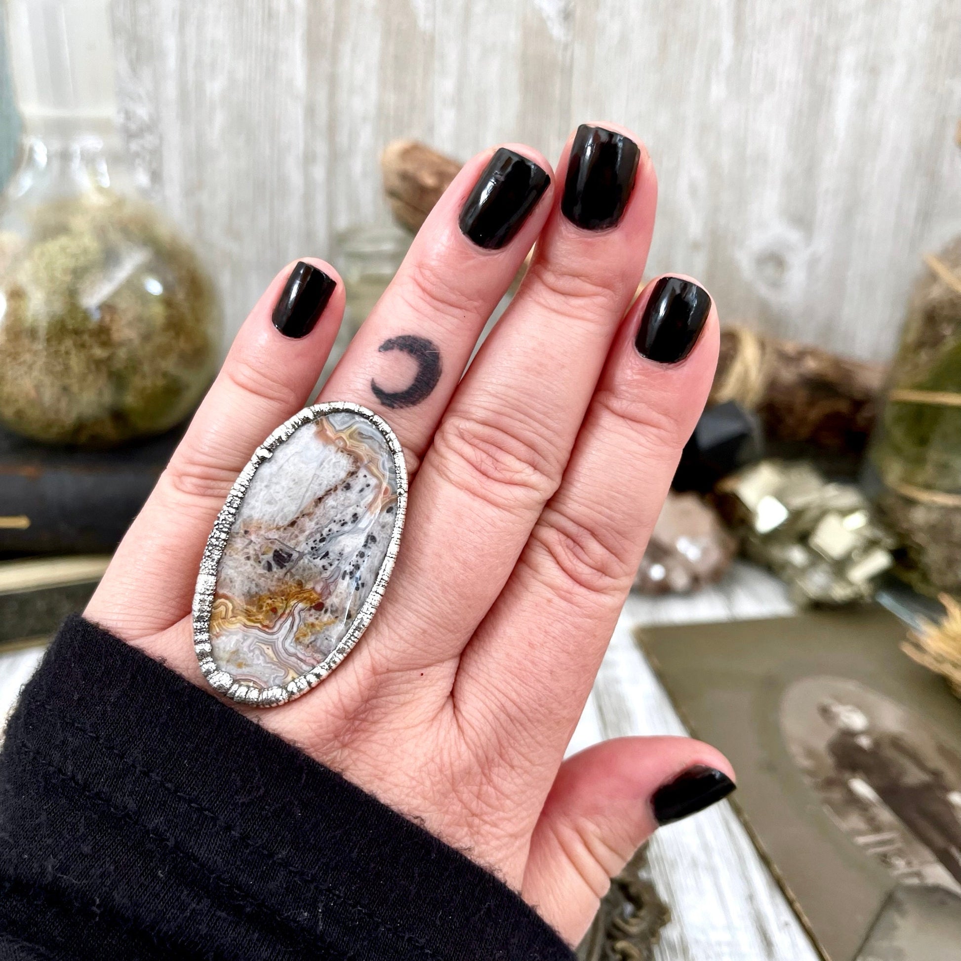 Size 7.5 Silver Natural Fancy Lace Agate Crystal Statement Ring / Foxlark Collection - One of a Kind - Foxlark Crystal Jewelry