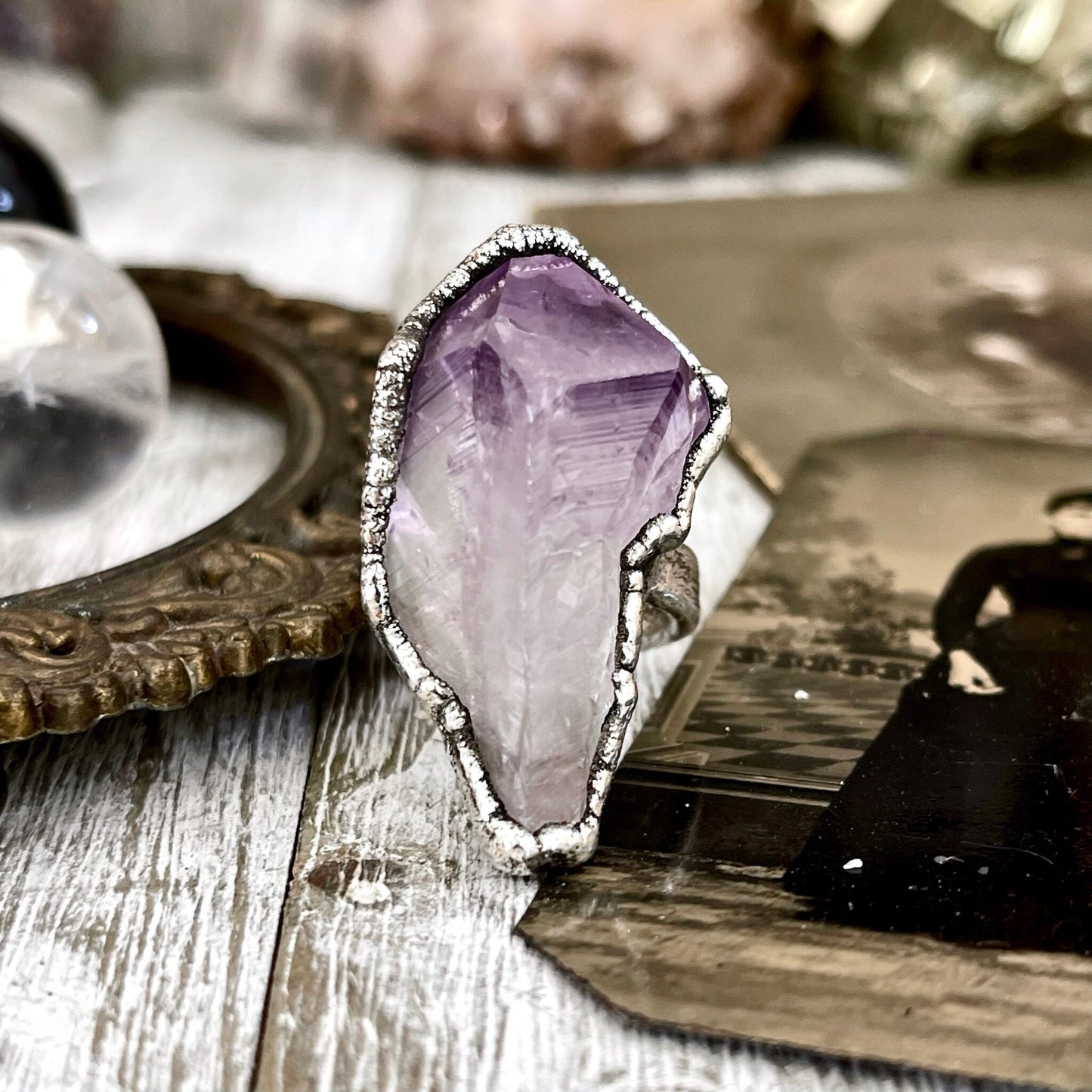 Size 6 Big Raw Amethyst Purple Crystal Ring in Fine Silver / Foxlark Collection - One of a Kind