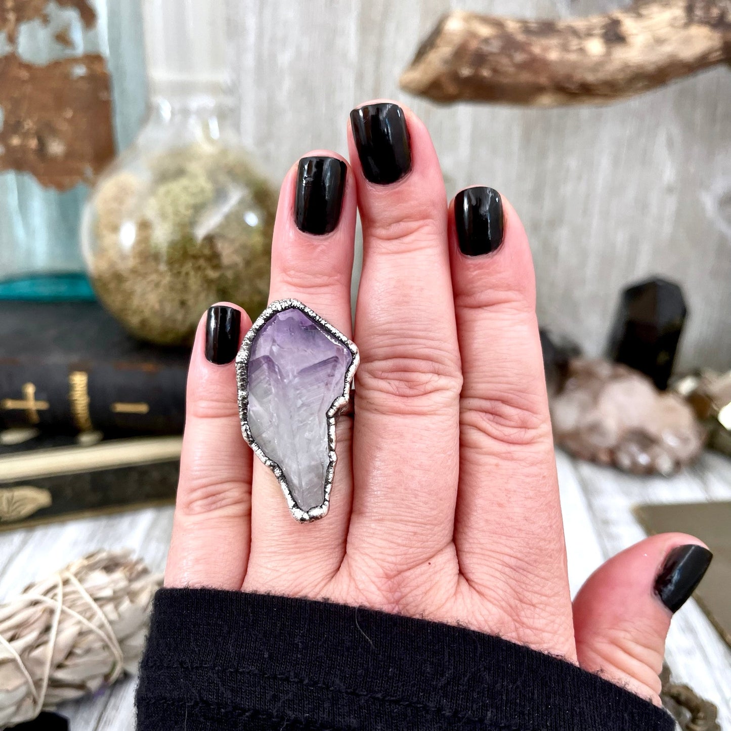Size 6 Big Raw Amethyst Purple Crystal Ring in Fine Silver / Foxlark Collection - One of a Kind