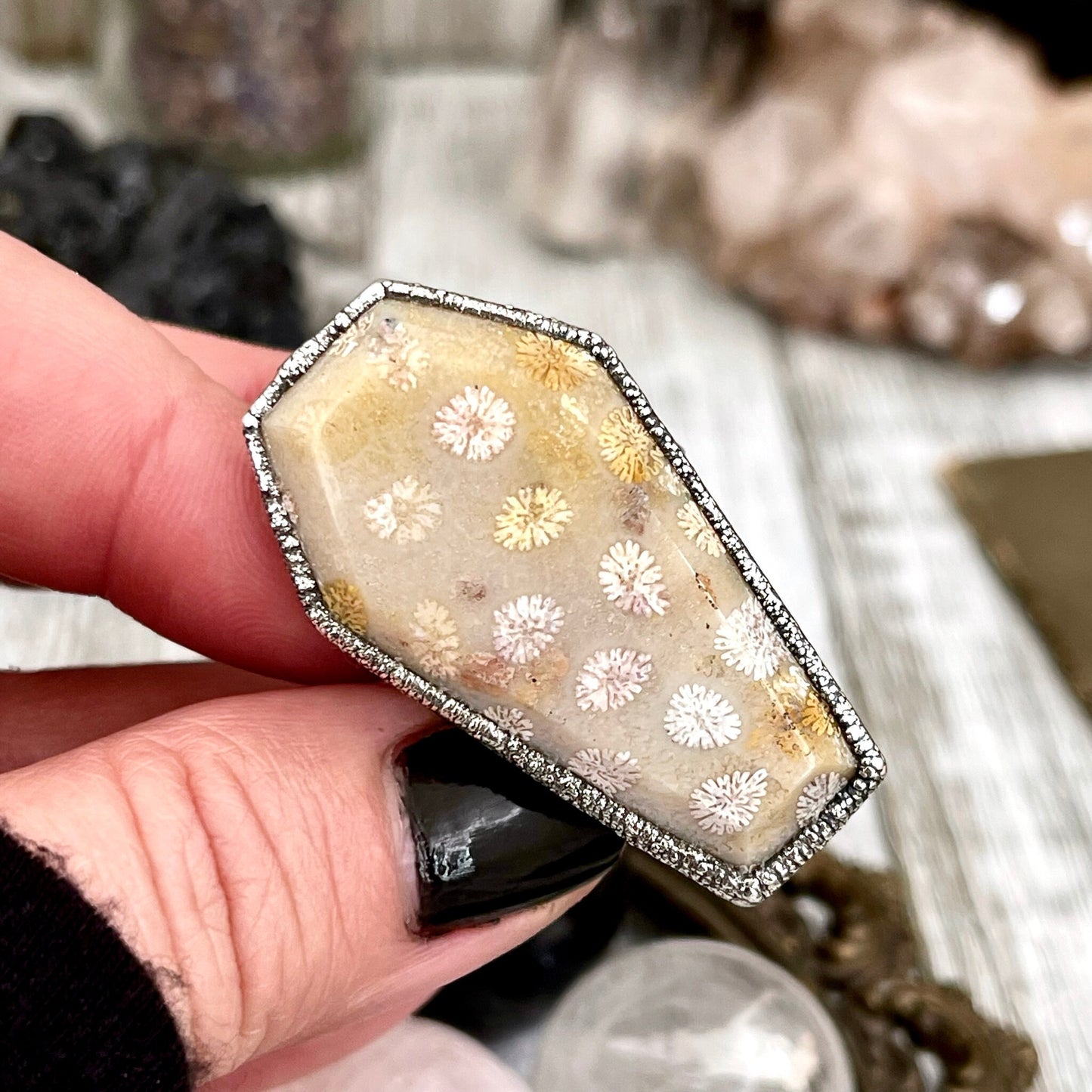 Size 9 Large Fossilized Coral Coffin Statement Ring in Fine Silver / Foxlark Collection - One of a Kind - Foxlark Crystal Jewelry