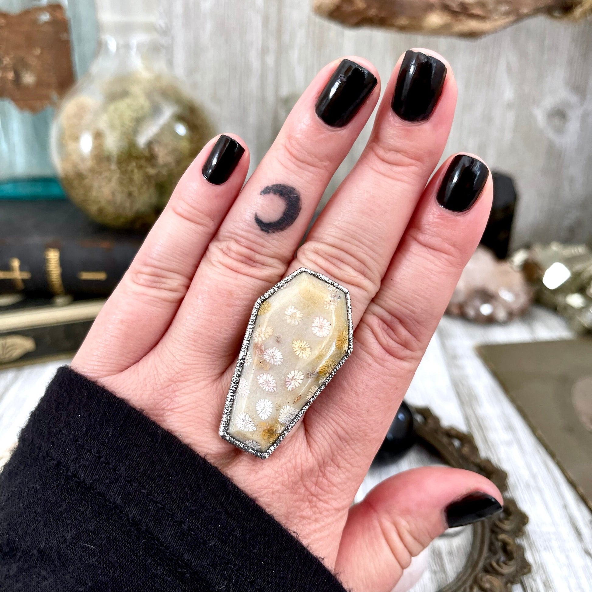 Size 9 Large Fossilized Coral Coffin Statement Ring in Fine Silver / Foxlark Collection - One of a Kind - Foxlark Crystal Jewelry