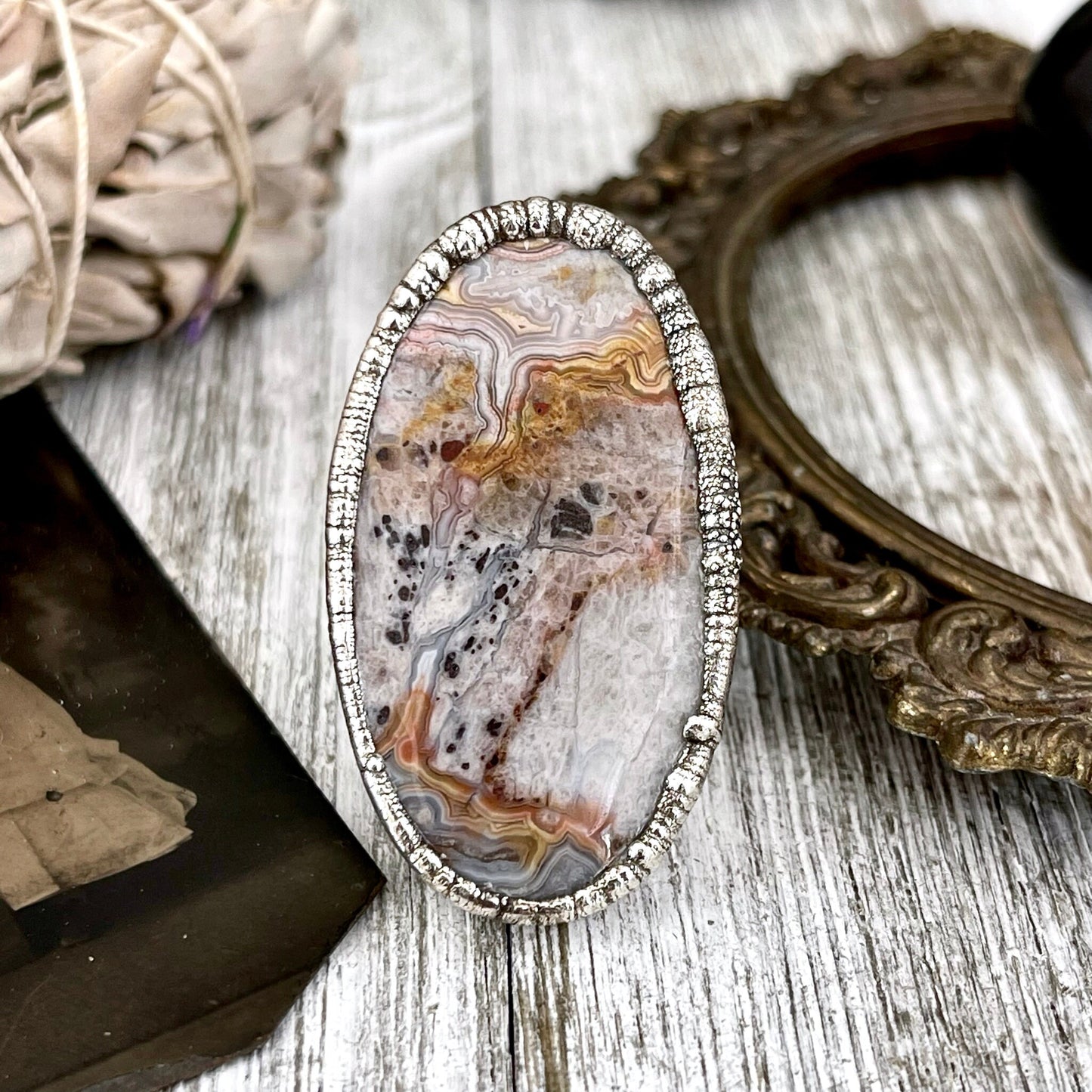 Size 7.5 Silver Natural Fancy Lace Agate Crystal Statement Ring / Foxlark Collection - One of a Kind - Foxlark Crystal Jewelry