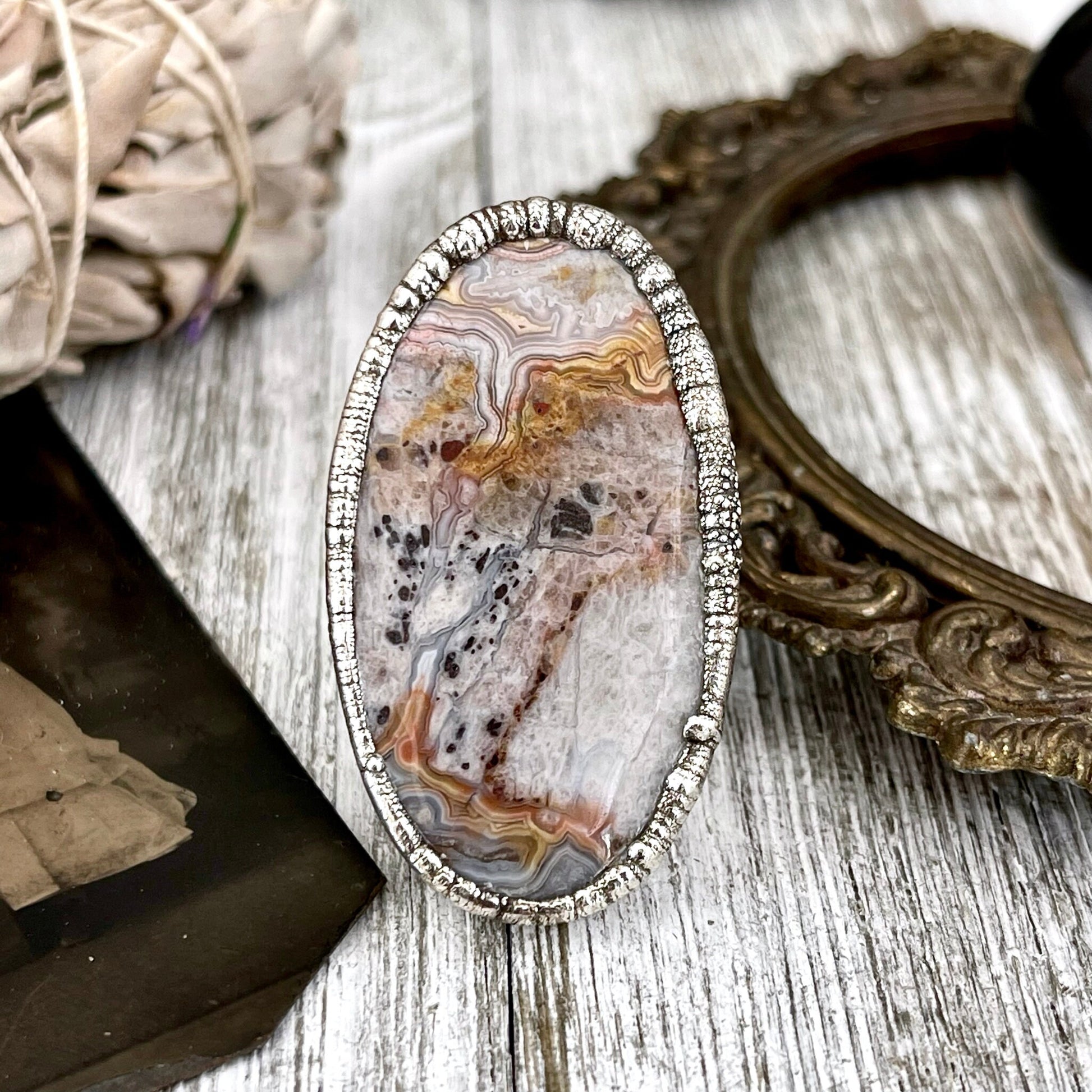 Size 7.5 Silver Natural Fancy Lace Agate Crystal Statement Ring / Foxlark Collection - One of a Kind - Foxlark Crystal Jewelry