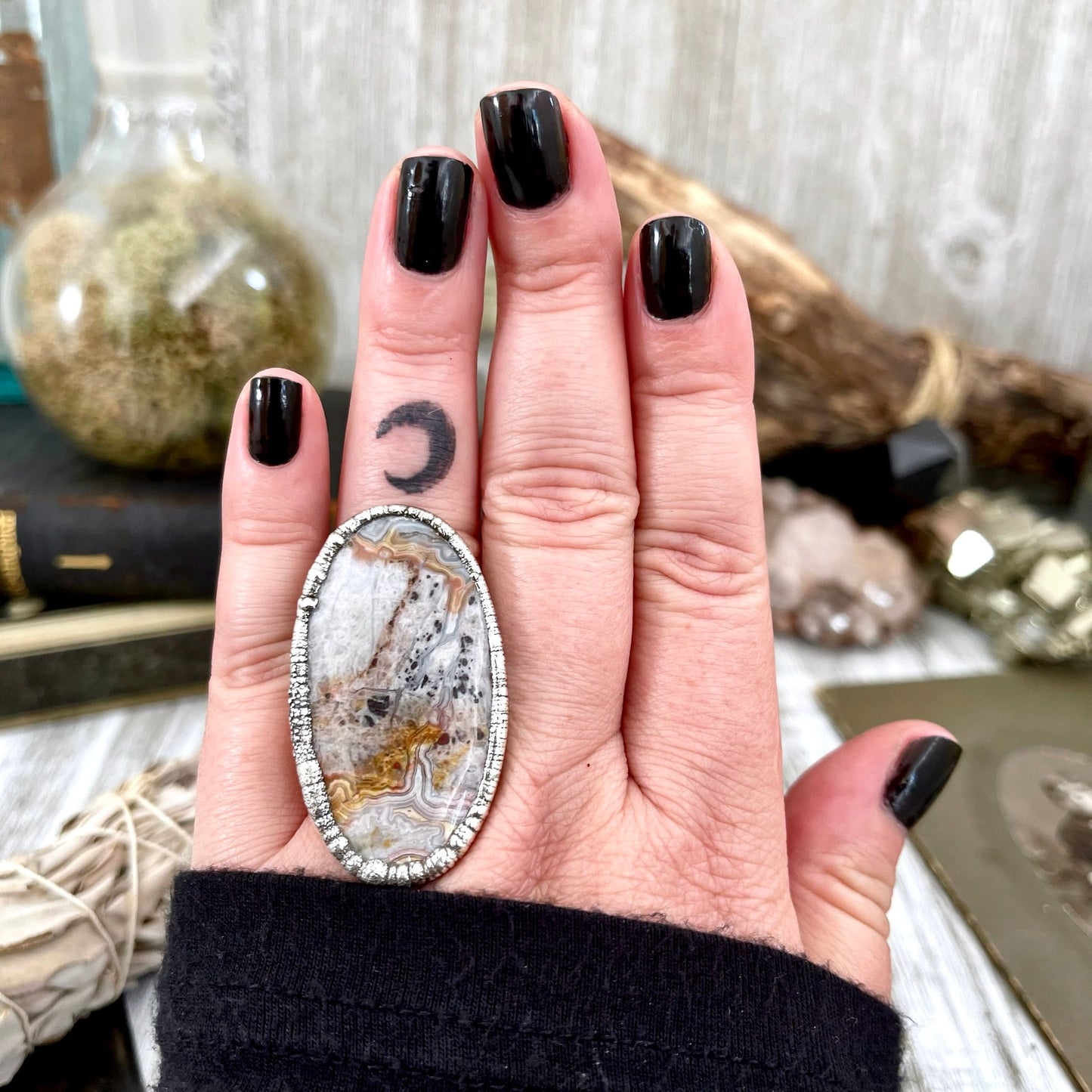 Size 7.5 Silver Natural Fancy Lace Agate Crystal Statement Ring / Foxlark Collection - One of a Kind - Foxlark Crystal Jewelry
