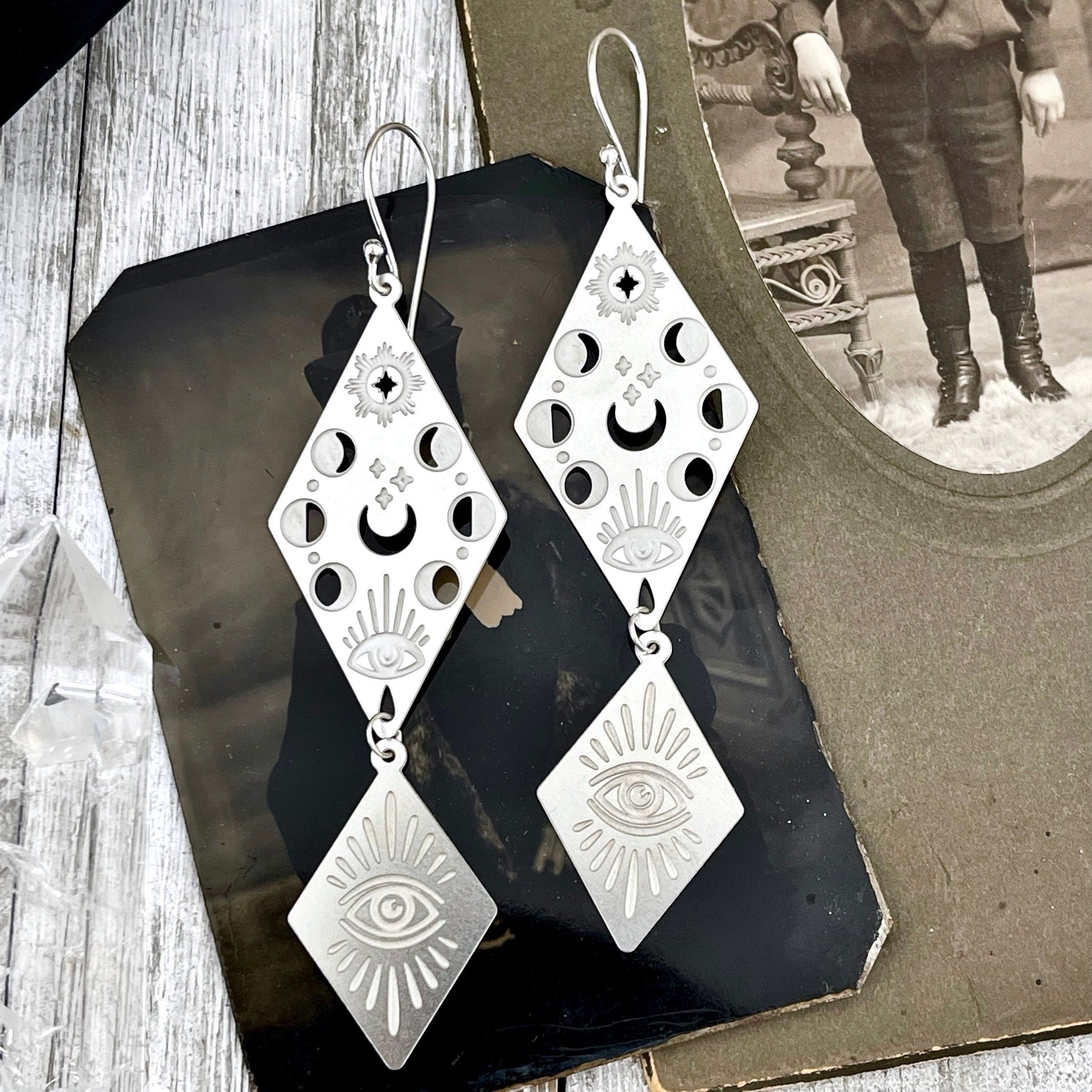 Moon Phases and All Seeing Eye Earrings Sterling Silver & Stainless Steel Earrings /  Long Dangly Witchy Earrings.