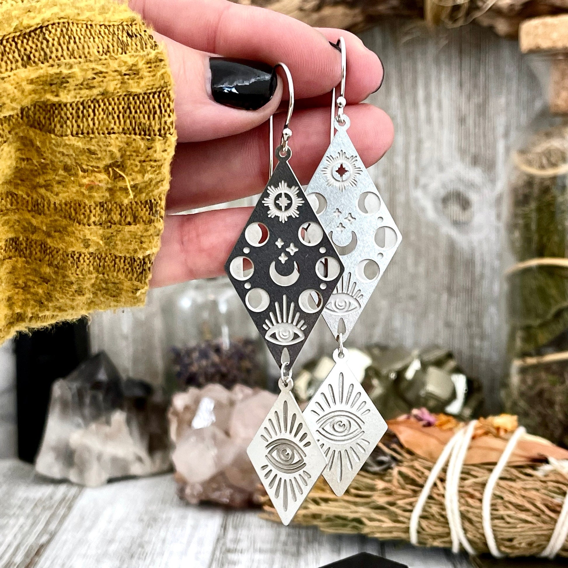 Moon Phases and All Seeing Eye Earrings Sterling Silver & Stainless Steel Earrings /  Long Dangly Witchy Earrings.