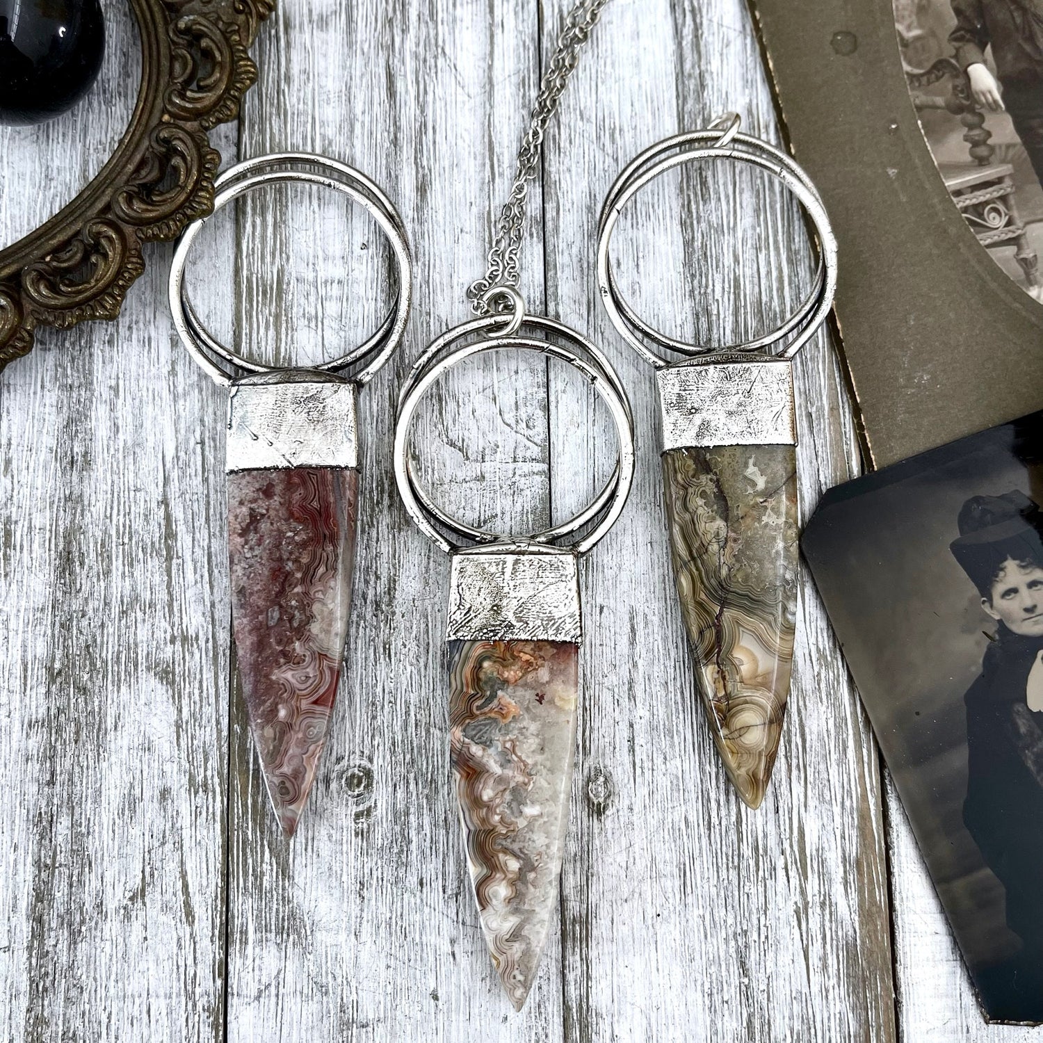 Crazy Lace Agate Necklace in Silver / Large Stone Necklace / Big Crystal Necklace Pendant / Boho Statement Necklace