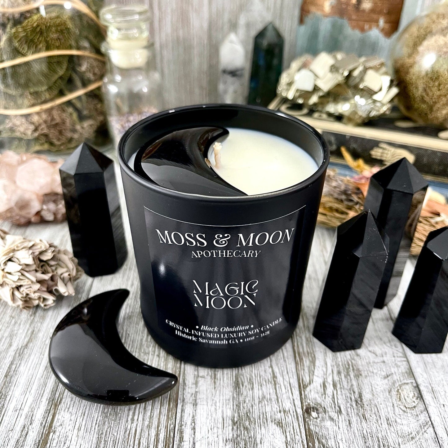 Magic Moon Candle with Black Obsidian - Moss & Moon Apothecary Crystal Infused Luxury Soy Candle