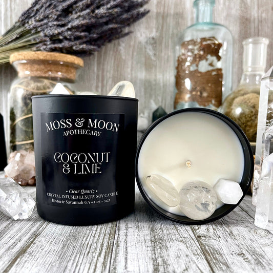 Coconut and Lime Candle with Clear Quartz - Moss & Moon Apothecary Crystal Infused Luxury Soy Candle