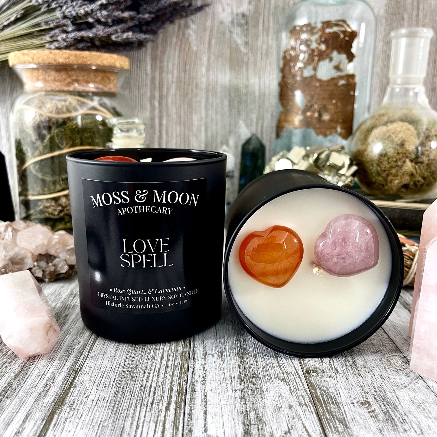 Love Spell Candle with Rose Quartz and Carnelian - Moss & Moon Apothecary Crystal Infused Luxury Soy Candle