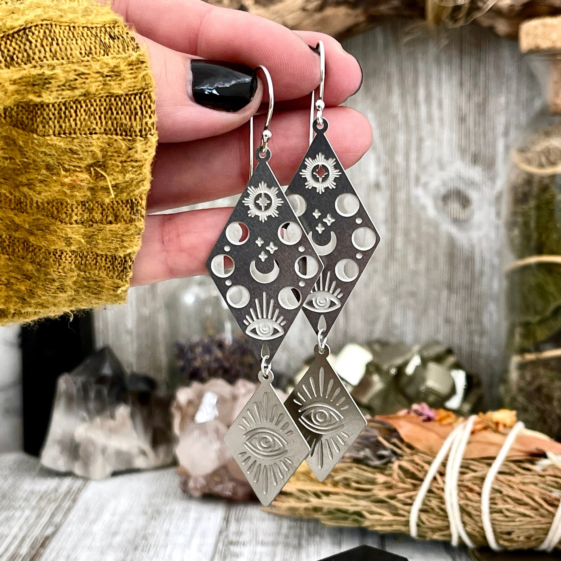 Moon Phases and All Seeing Eye Earrings Sterling Silver & Stainless Steel Earrings /  Long Dangly Witchy Earrings.
