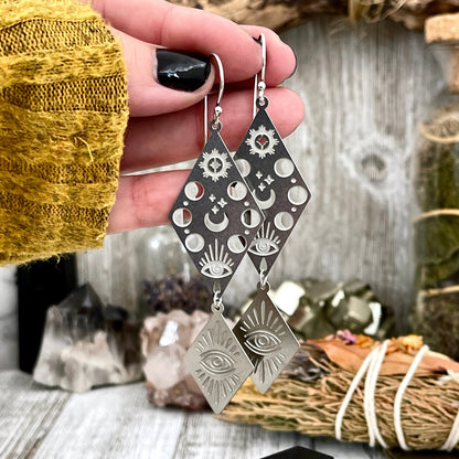 Moon Phases and All Seeing Eye Earrings Sterling Silver & Stainless Steel Earrings /  Long Dangly Witchy Earrings.