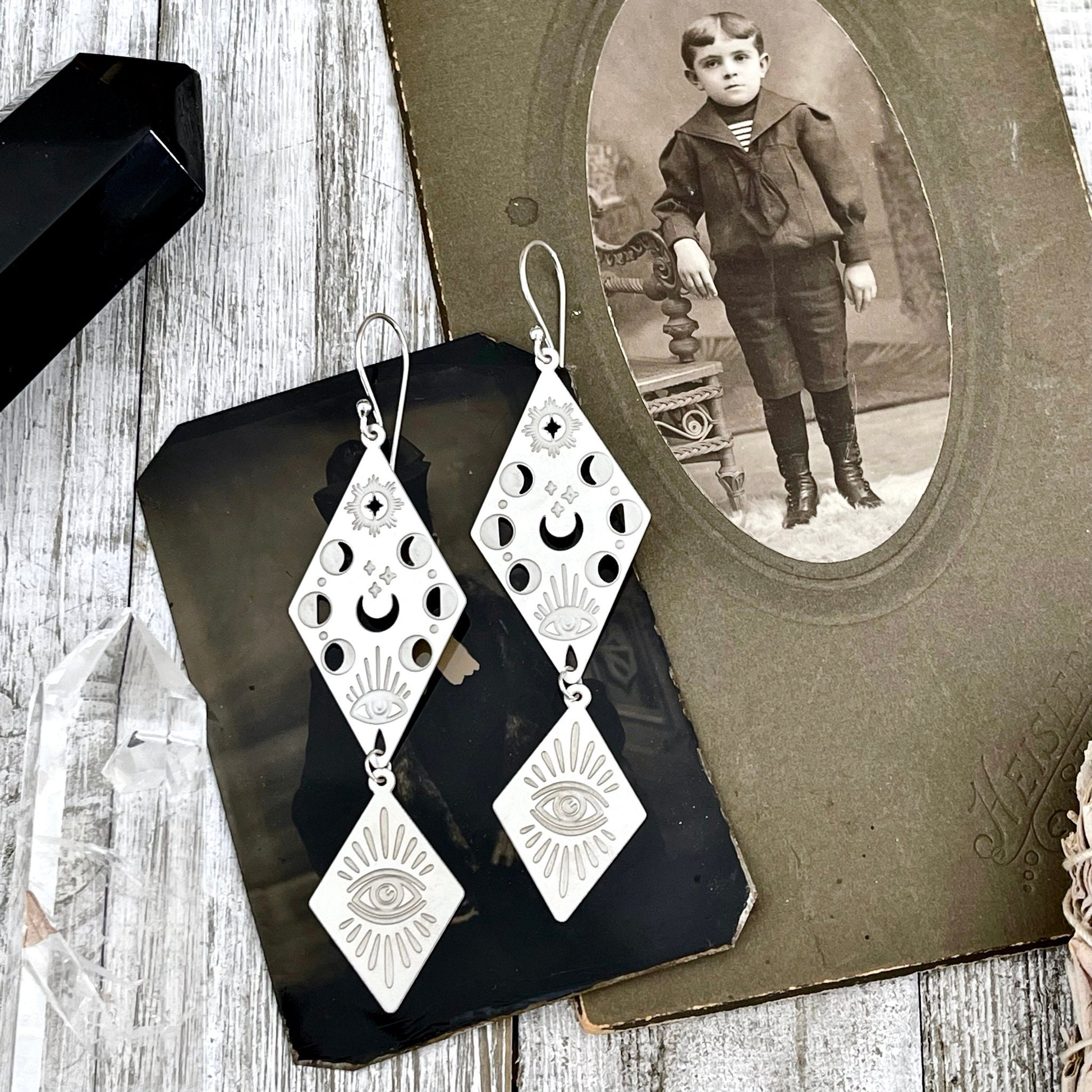 Moon Phases and All Seeing Eye Earrings Sterling Silver & Stainless Steel Earrings /  Long Dangly Witchy Earrings.