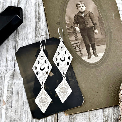 Moon Phases and All Seeing Eye Earrings Sterling Silver & Stainless Steel Earrings /  Long Dangly Witchy Earrings.