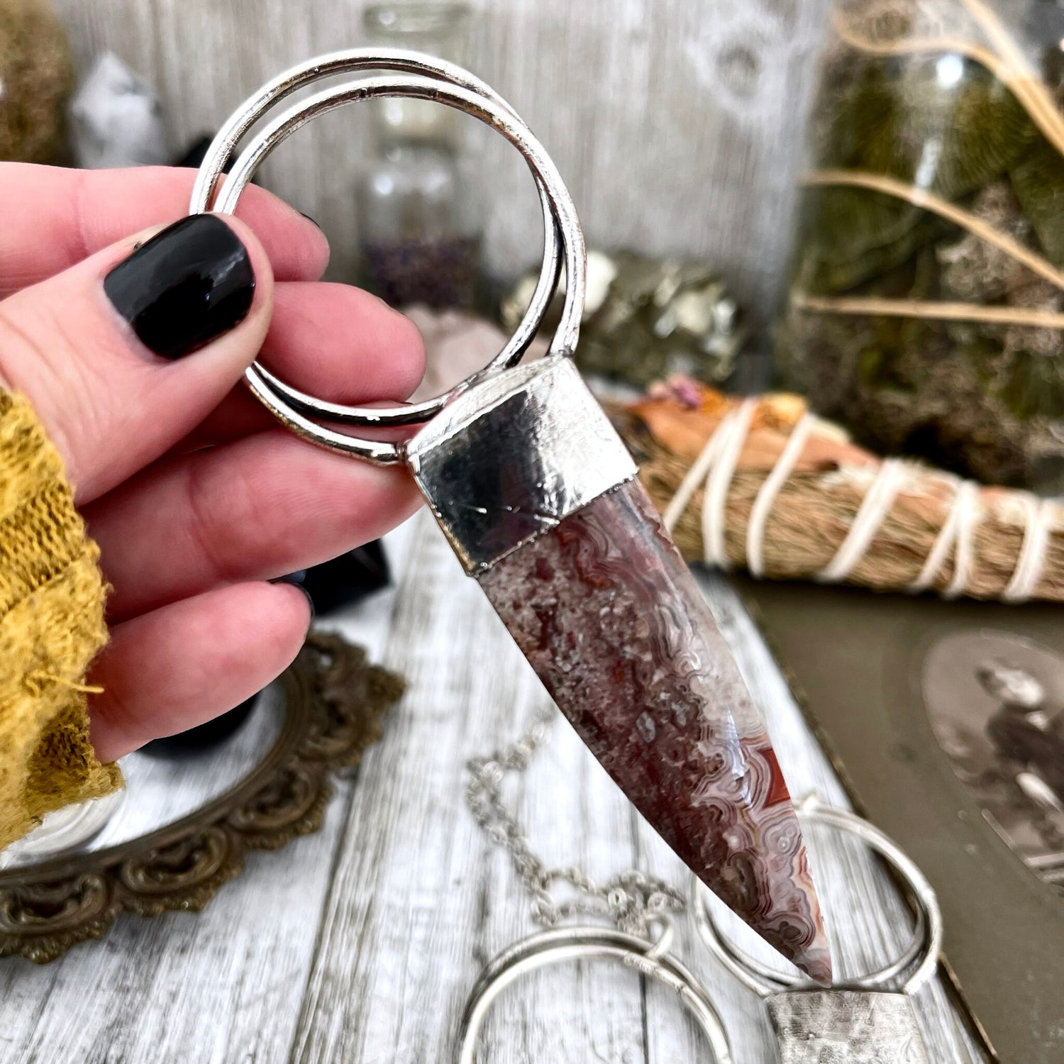 Crazy Lace Agate Necklace in Silver / Large Stone Necklace / Big Crystal Necklace Pendant / Boho Statement Necklace