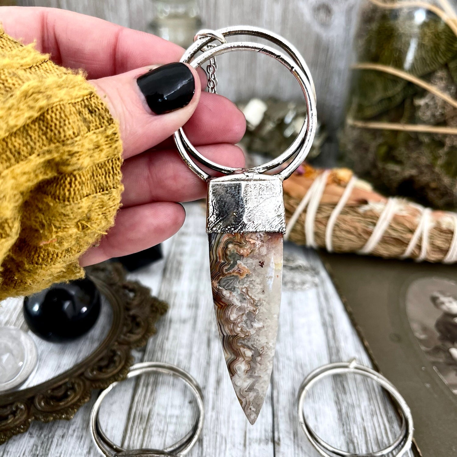 Crazy Lace Agate Necklace in Silver / Large Stone Necklace / Big Crystal Necklace Pendant / Boho Statement Necklace