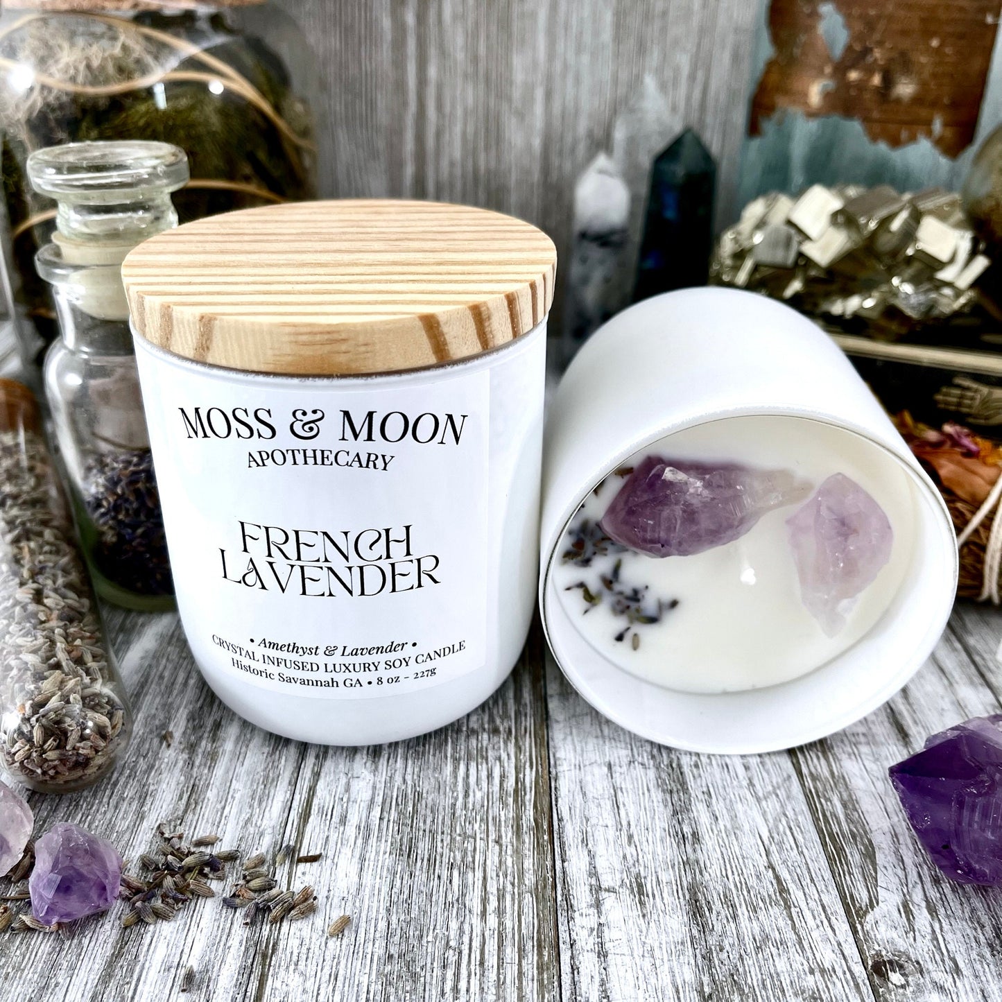 French Lavender Candle with Raw Amethyst and Lavender - Moss & Moon Apothecary Luxury Soy Crystal Candle