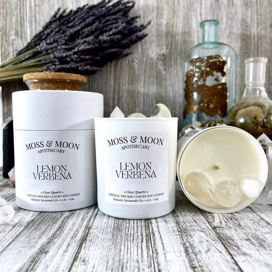 Lemon Verbena Candle with Clear Quartz - Moss & Moon Apothecary Crystal Infused Luxury Soy Candle