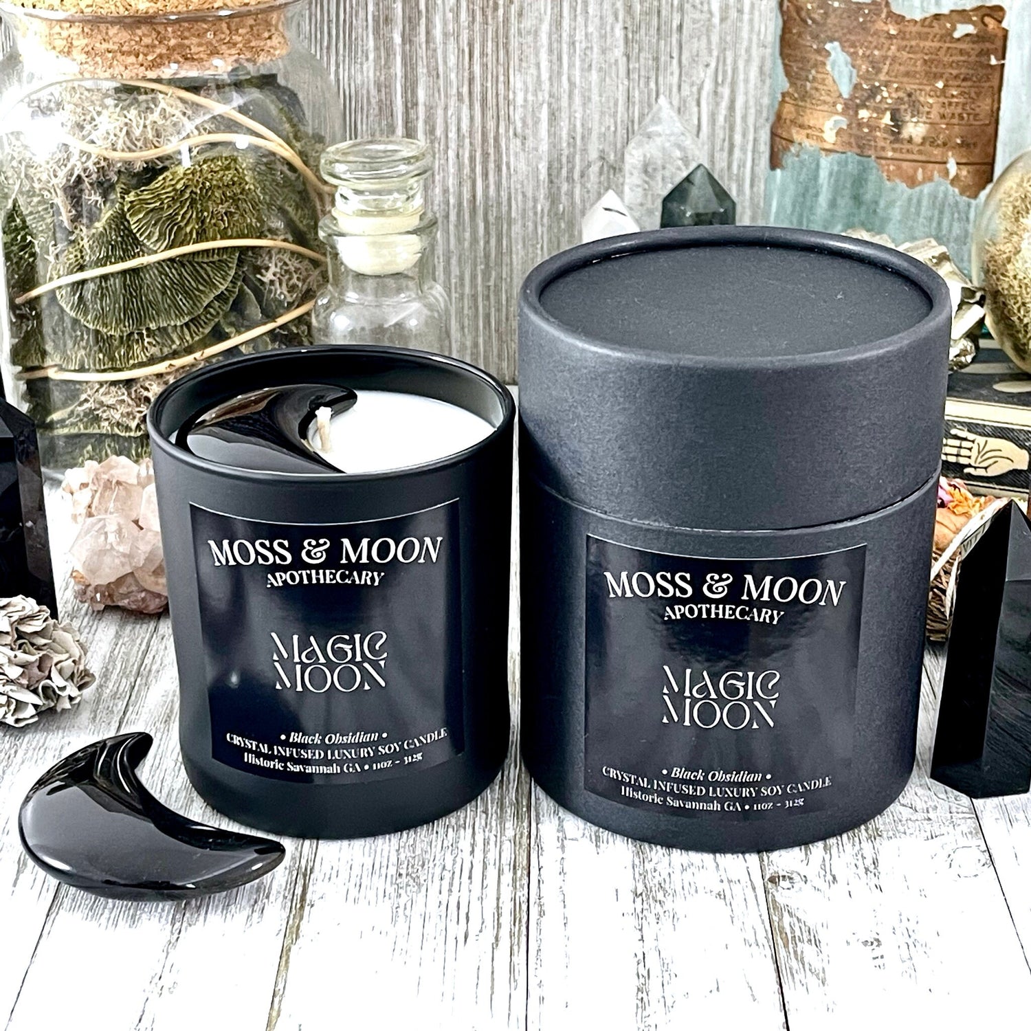 Magic Moon Candle with Black Obsidian - Moss & Moon Apothecary Crystal Infused Luxury Soy Candle