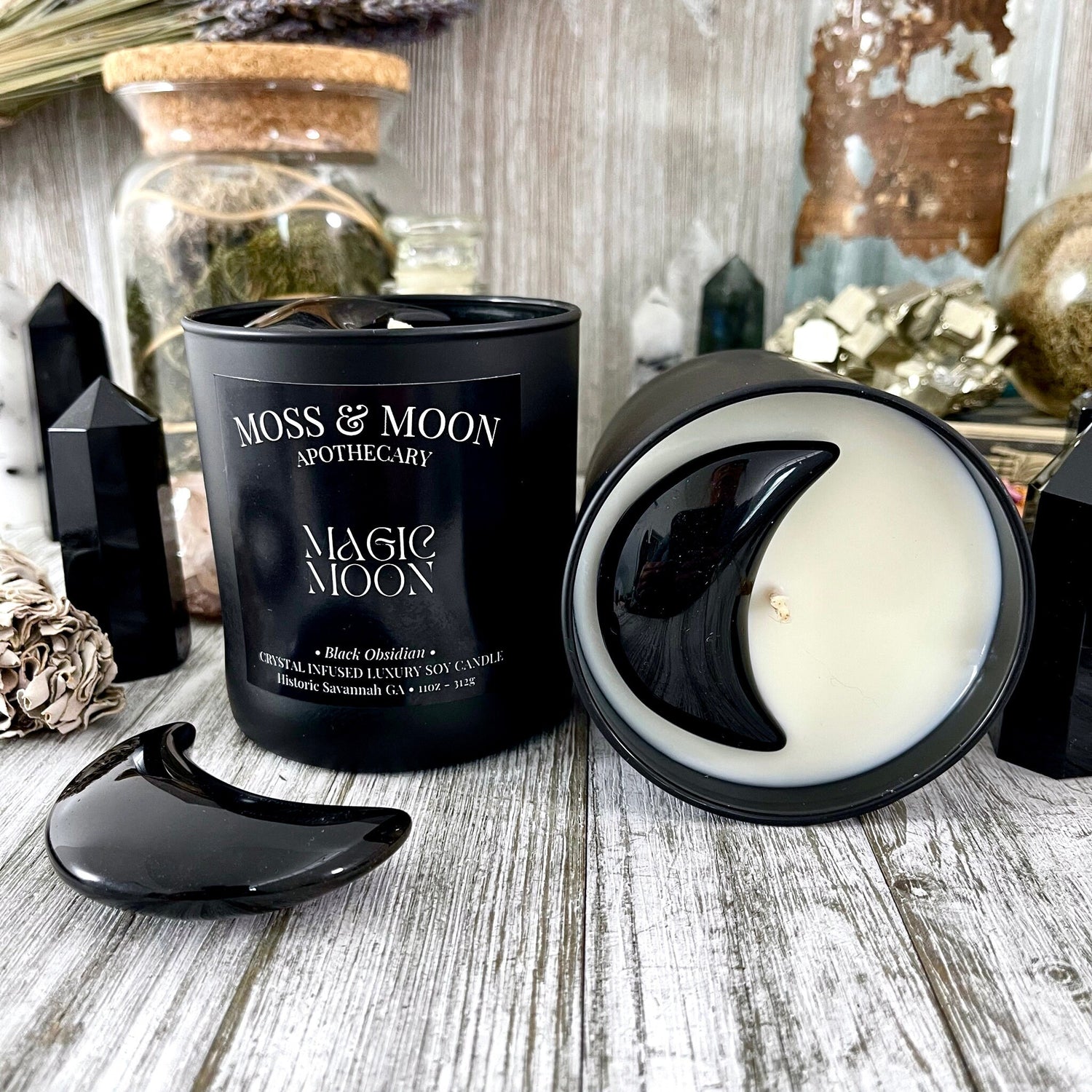 Magic Moon Candle with Black Obsidian - Moss & Moon Apothecary Crystal Infused Luxury Soy Candle