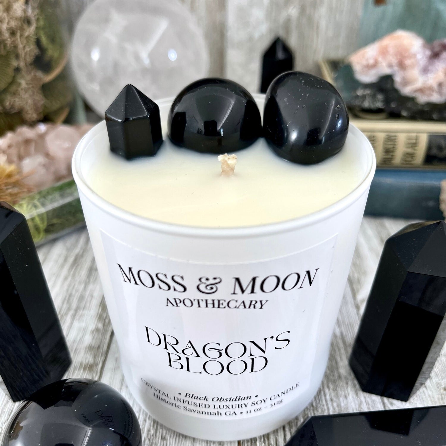 Dragon's Blood Candle with Black Obsidian - Moss & Moon Apothecary Luxury Soy Crystal Candle /
