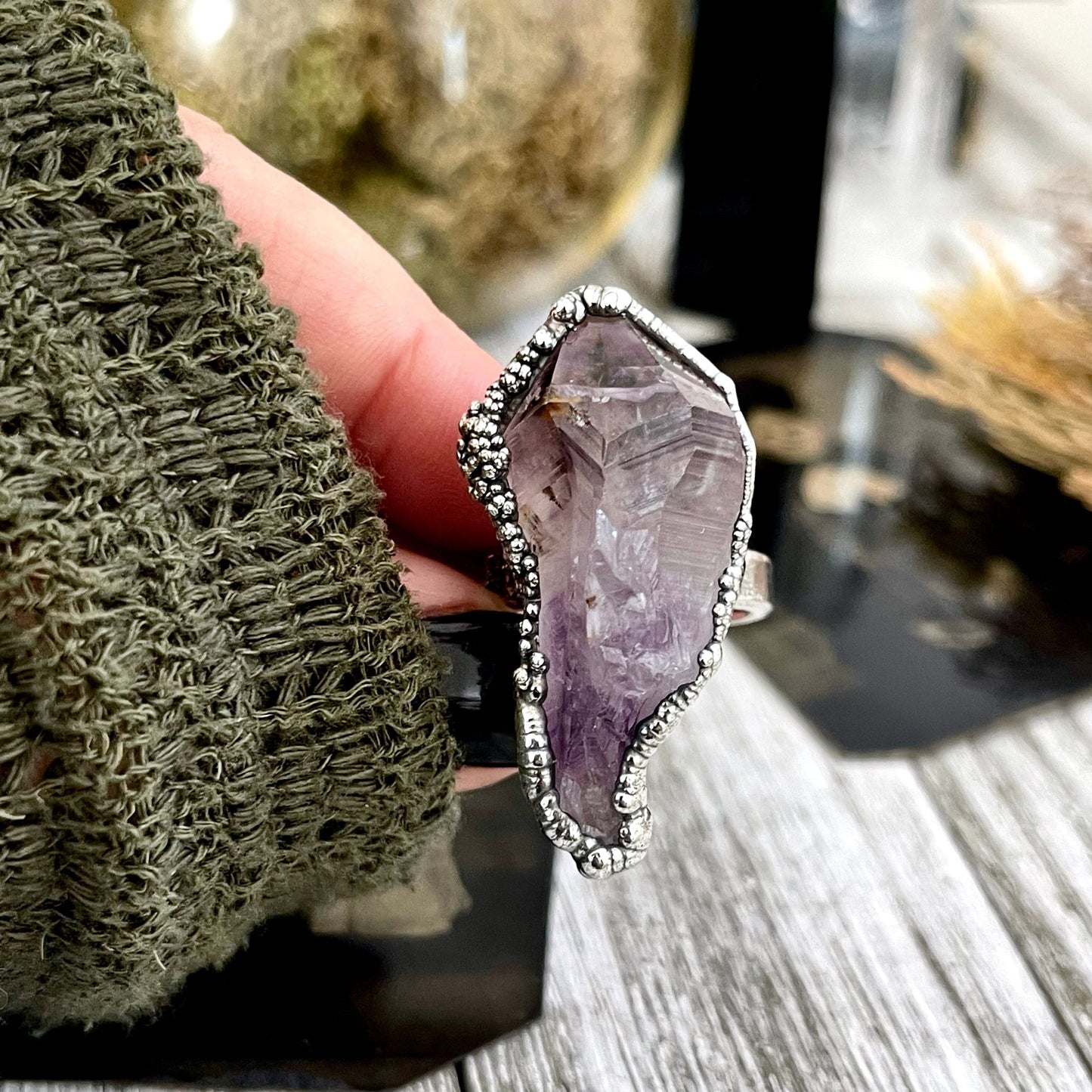 Size 7.5 Big Raw Amethyst Purple Crystal Ring in Fine Silver / Foxlark Collection - One of a Kind