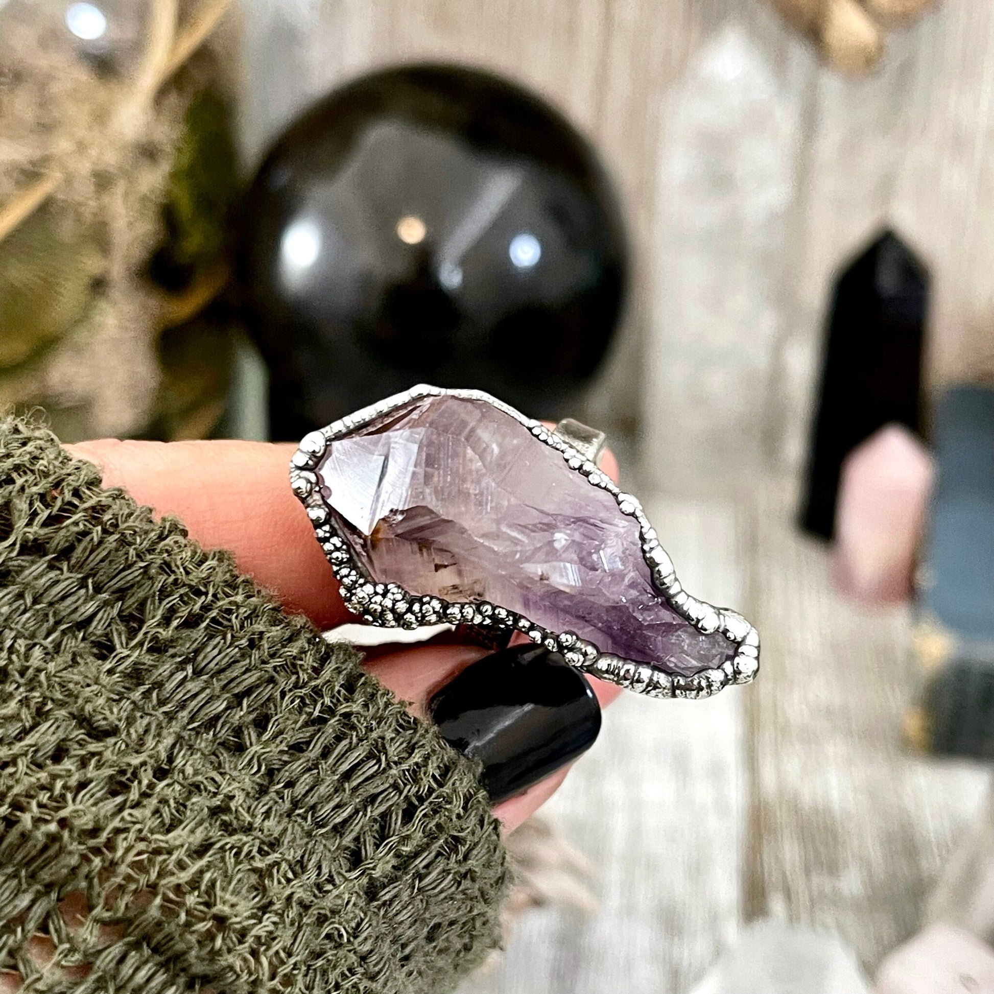 Size 7.5 Big Raw Amethyst Purple Crystal Ring in Fine Silver / Foxlark Collection - One of a Kind.