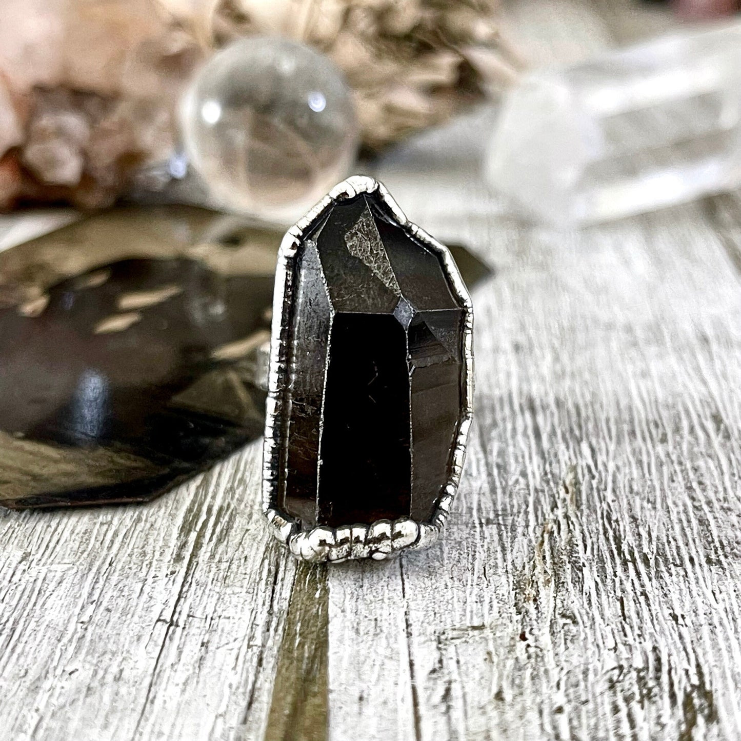 Size 7.5 Raw Smoky Quartz Crystal Cluster Ring Set in Fine Silver / Foxlark Collection - One of a Kind