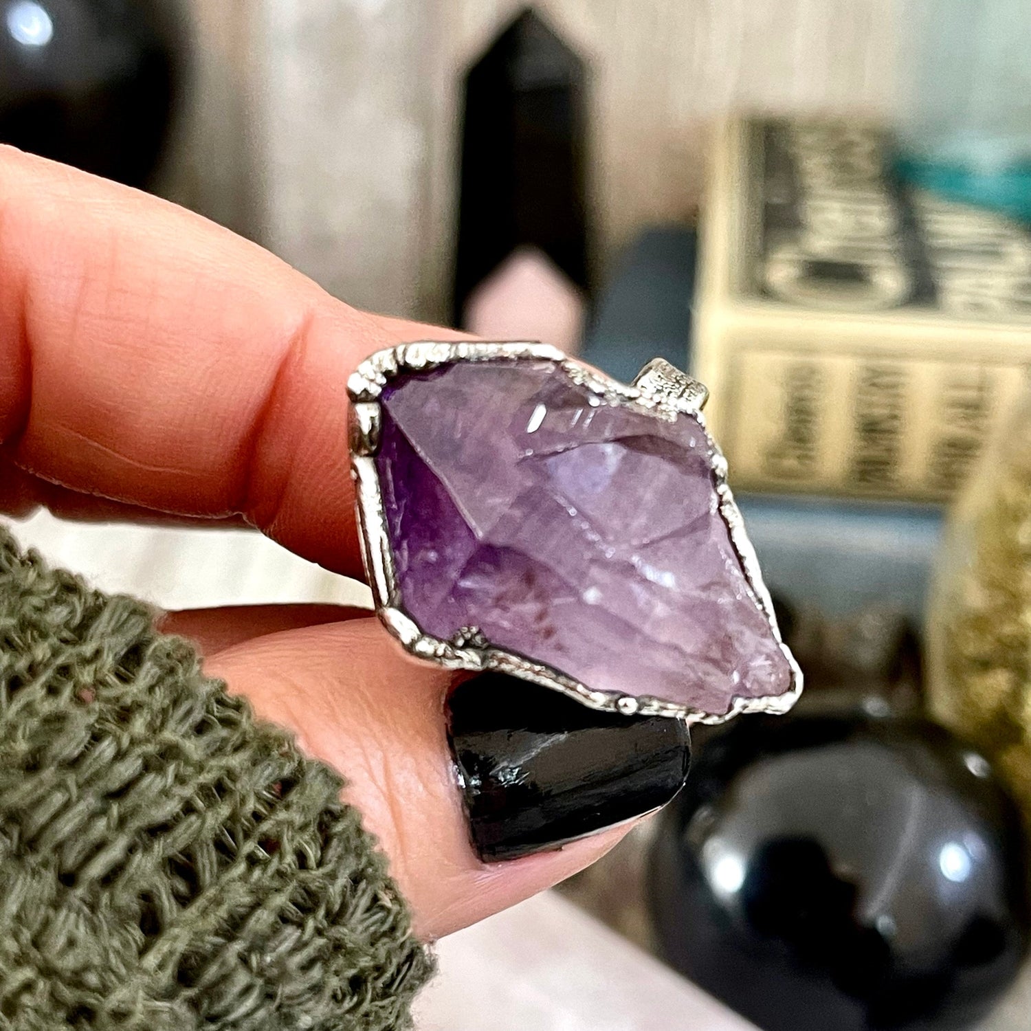 Size 6.5 Big Raw Amethyst Purple Crystal Ring in Fine Silver / Foxlark Collection - One of a Kind