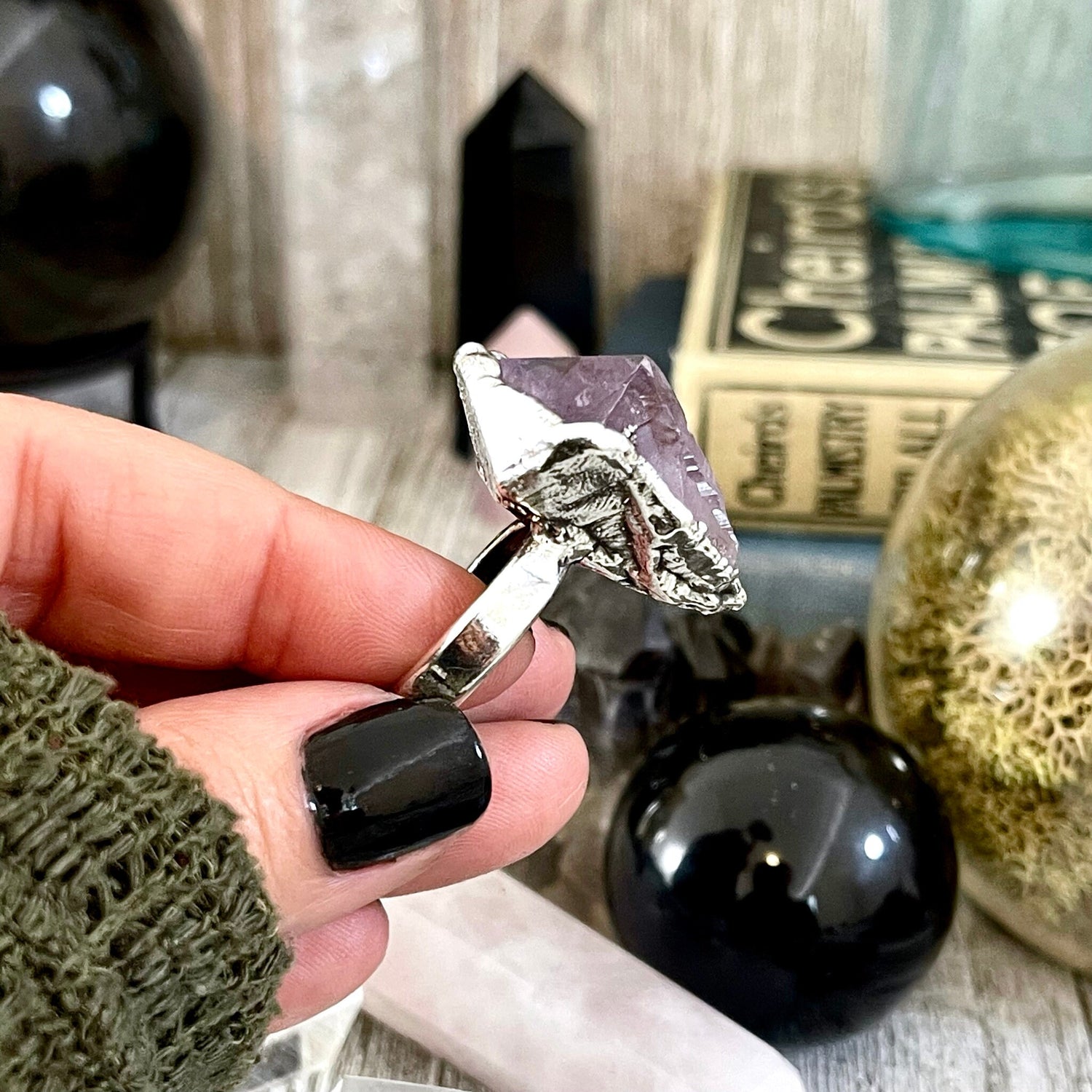 Size 6.5 Big Raw Amethyst Purple Crystal Ring in Fine Silver / Foxlark Collection - One of a Kind
