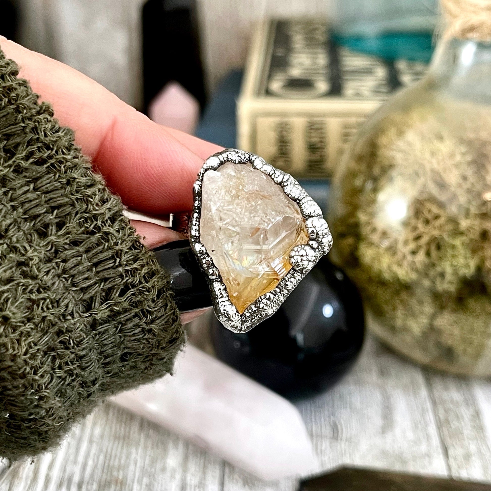 Size 5.5 Raw Citrine Crystal Point Ring Set in Fine Silver  / Foxlark Collection - One of a Kind.