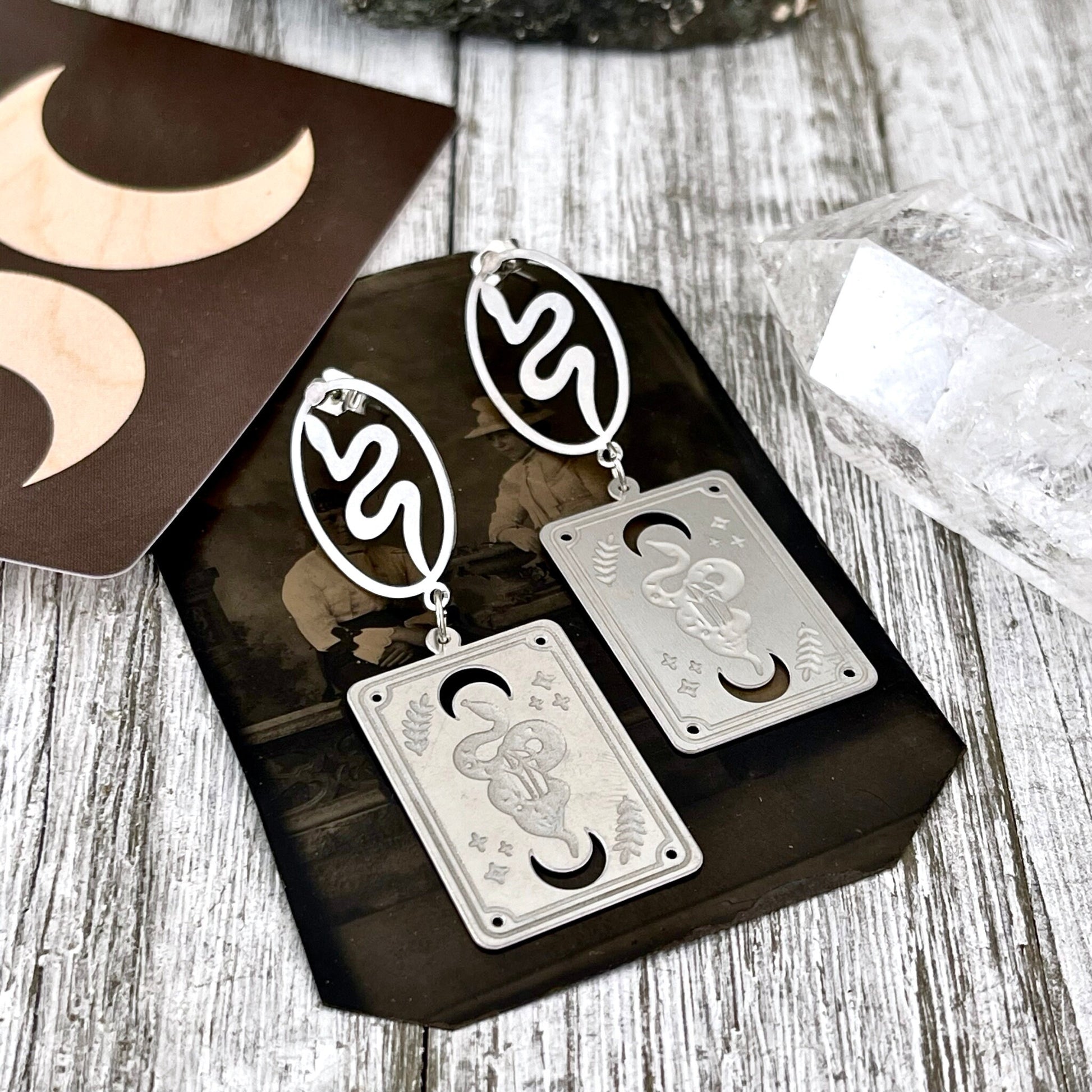 Snake and Tarot Card Stainless Steel Earrings /  Serpent Earrings  - Long Dangly Geometric Earrings.