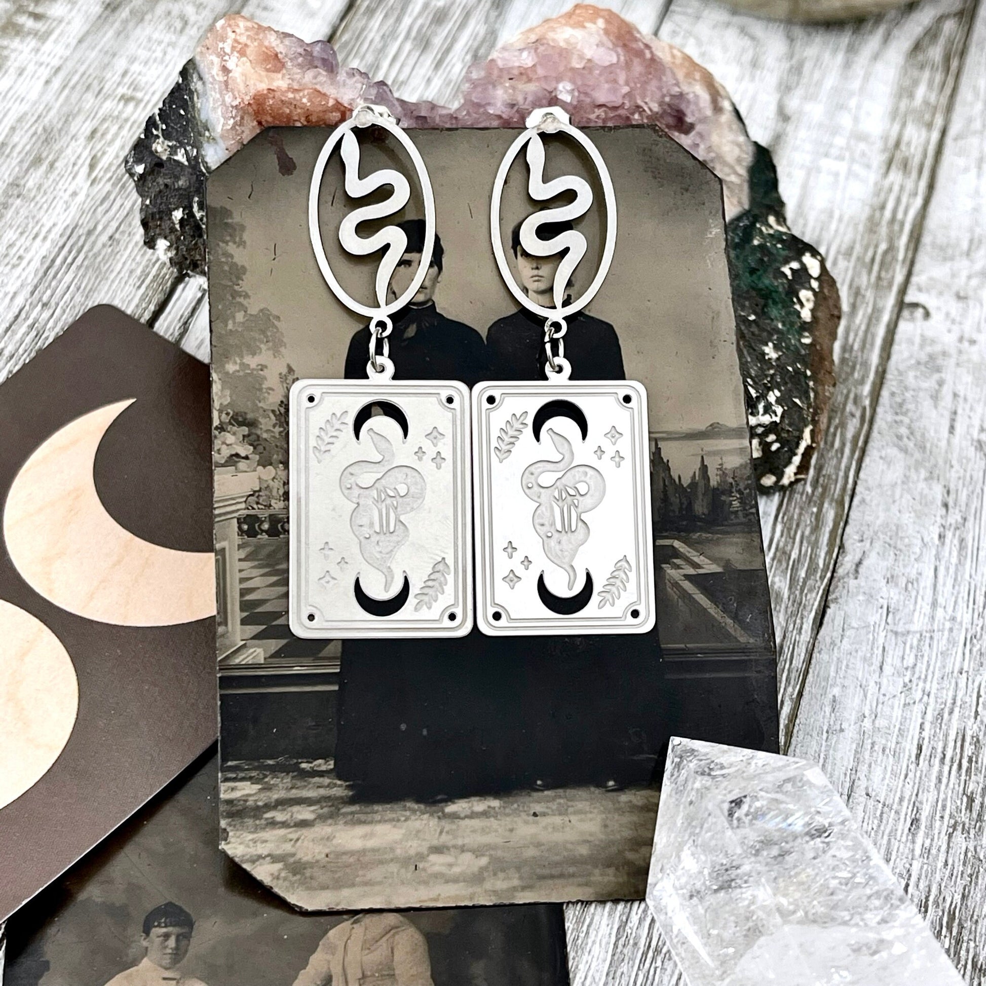 Snake and Tarot Card Stainless Steel Earrings /  Serpent Earrings  - Long Dangly Geometric Earrings.