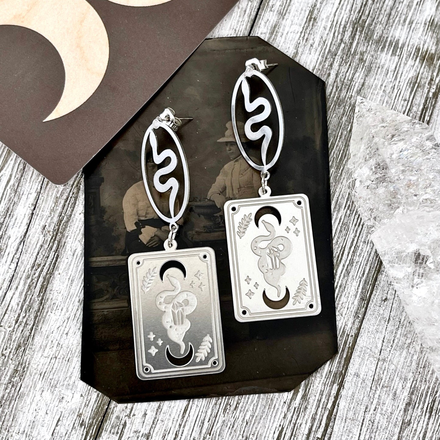 Snake and Tarot Card Stainless Steel Earrings /  Serpent Earrings  - Long Dangly Geometric Earrings.