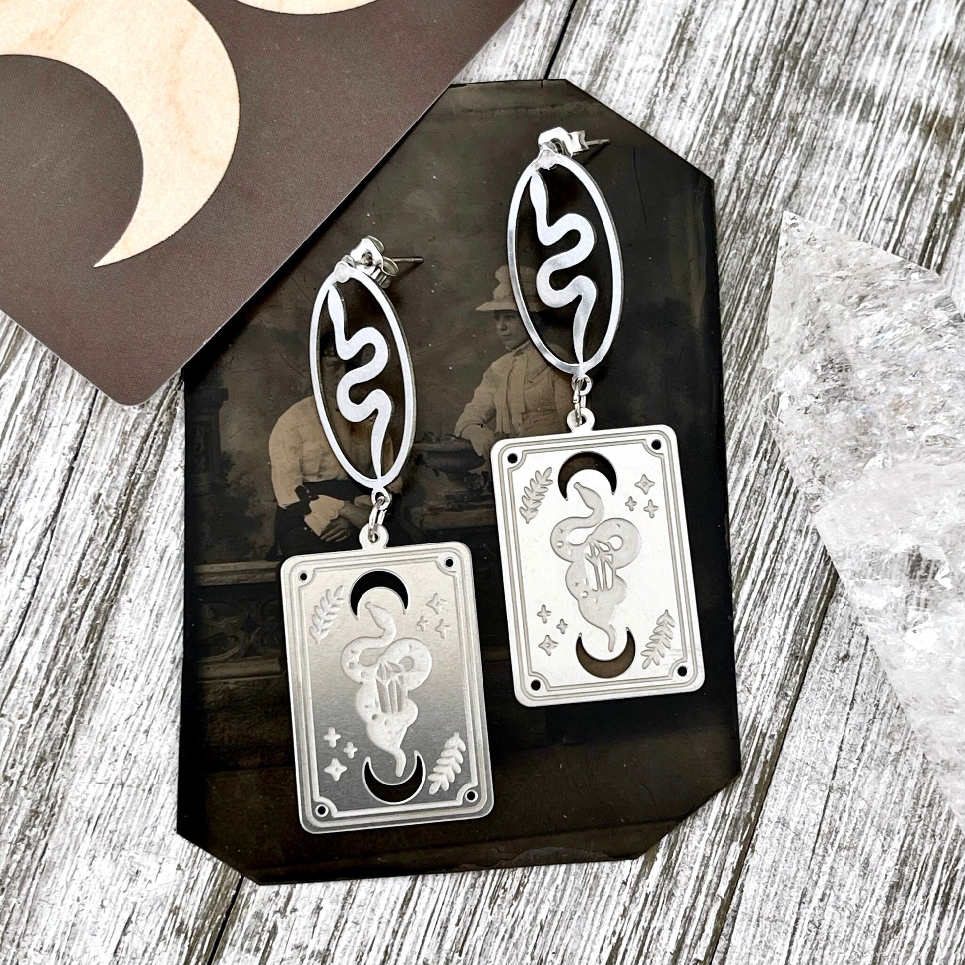 Snake and Tarot Card Stainless Steel Earrings /  Serpent Earrings  - Long Dangly Geometric Earrings.