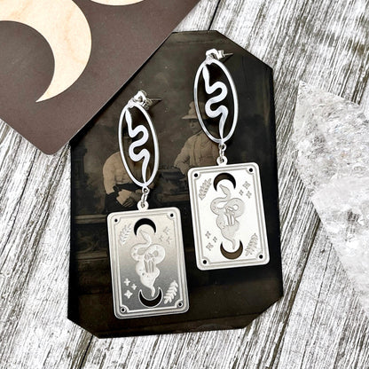 Snake and Tarot Card Stainless Steel Earrings /  Serpent Earrings  - Long Dangly Geometric Earrings.